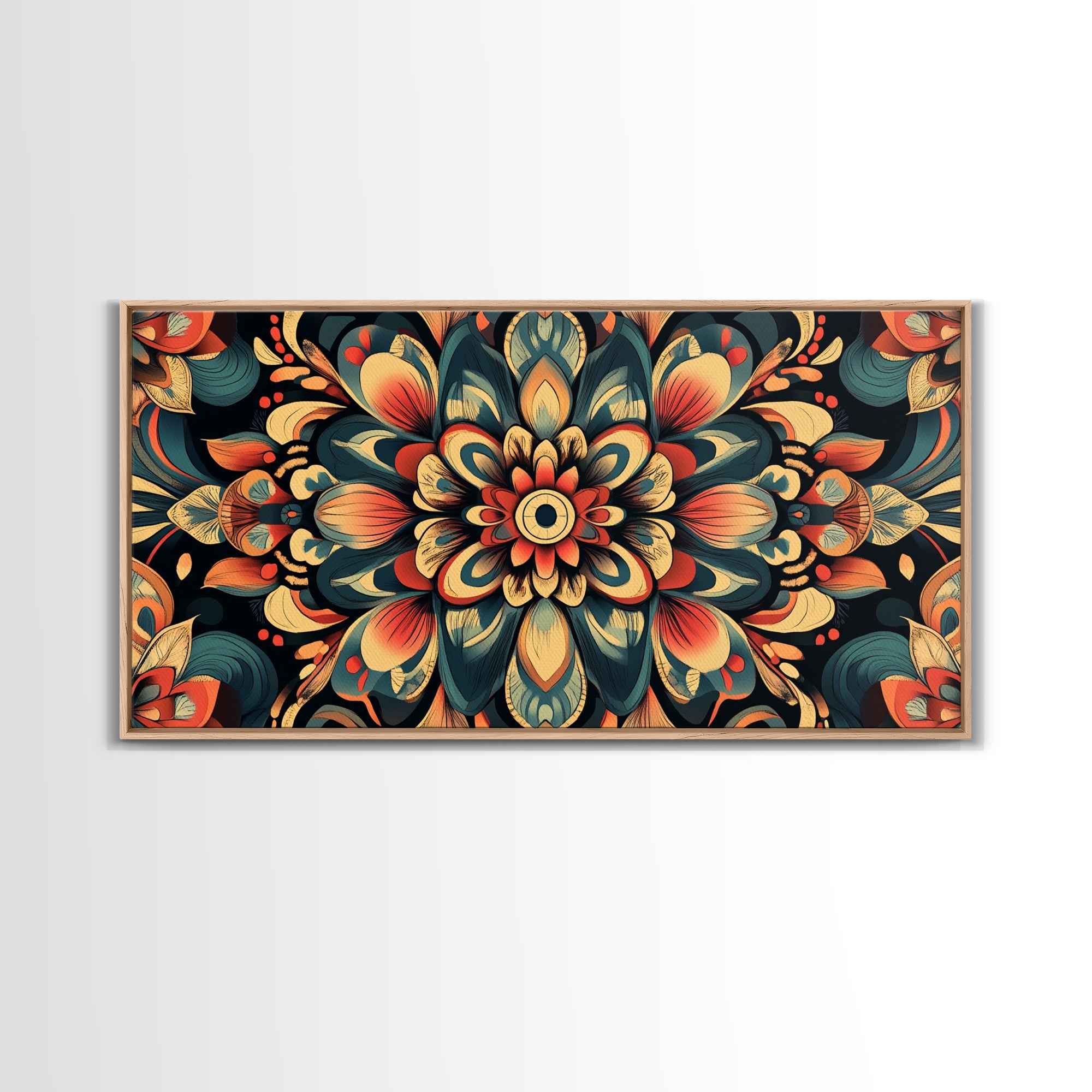 Kaleidoscopic Mandala Design Framed Canvas Print, Boho Wall Art, Sacred Geometry Painting, Colorful Ethereal Decor, Spiritual Zen Art