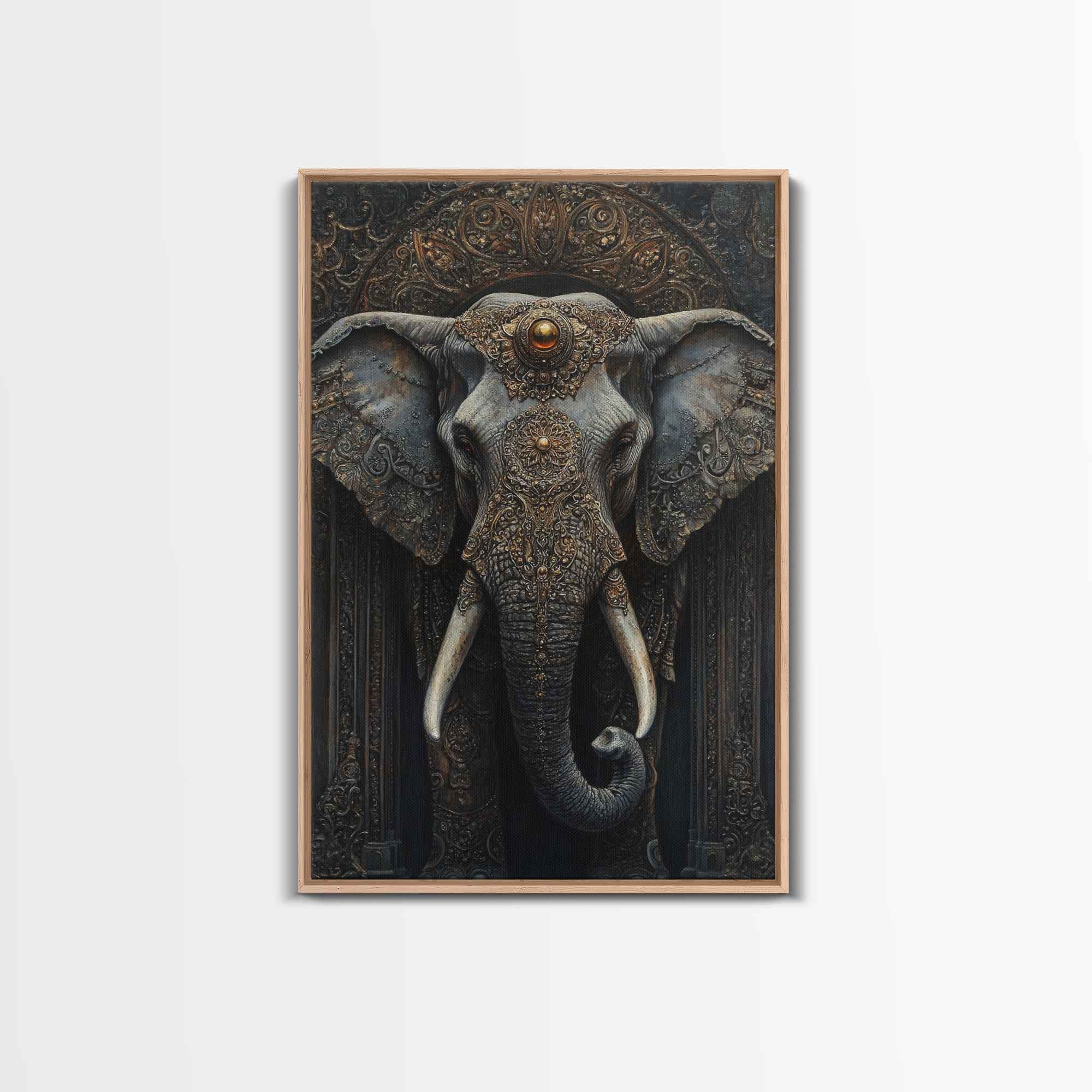 Ornate Elephant Kerala Mural Framed Canvas Print – Ganesh Wall Art, Sacred Geometry Art, Indian Inspired Decor Rustic Living Room Art