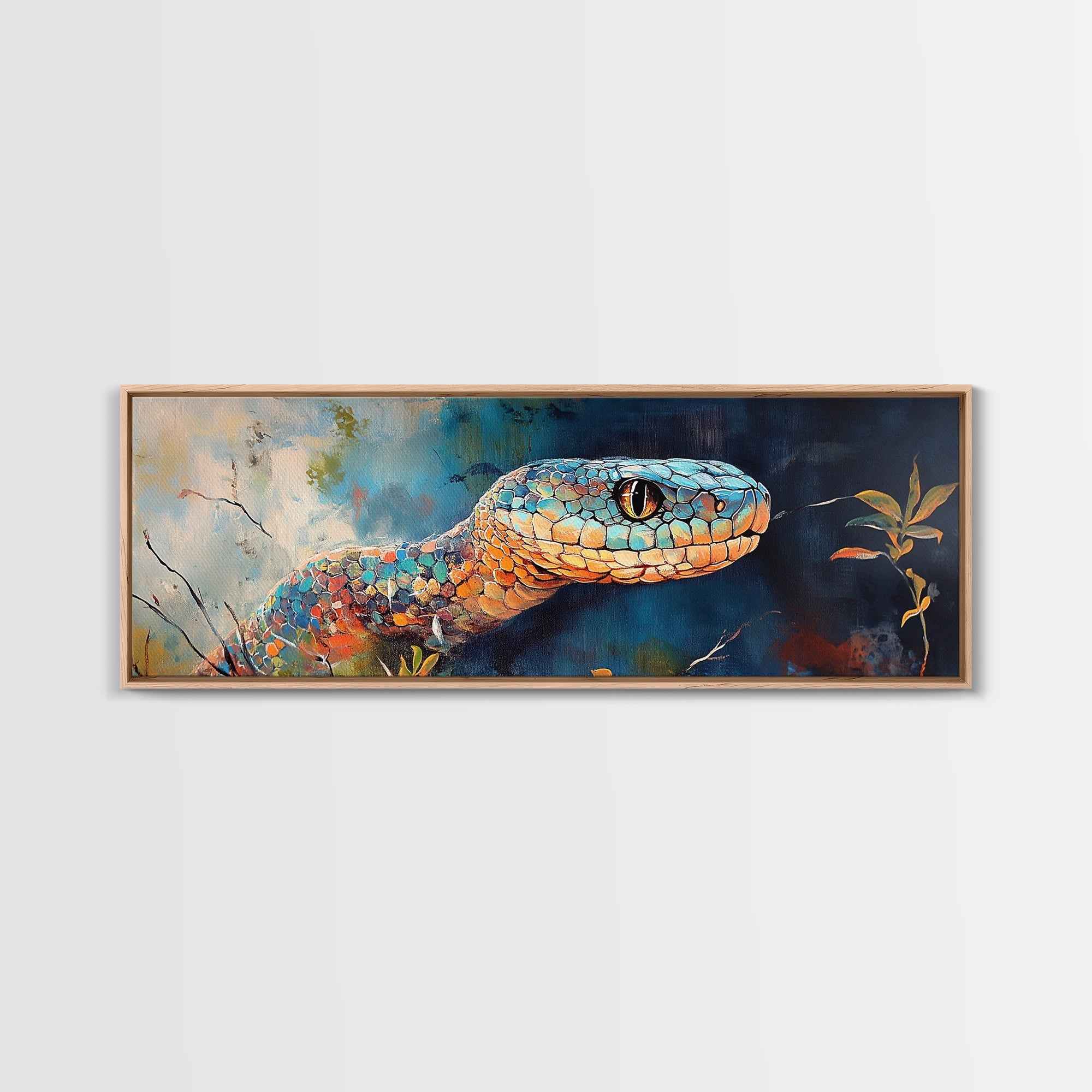 Vibrant Snake Painting, reptile wall art, wildlife decor, moody art, sacred geometry wall art, framed canvas print, extra wide art