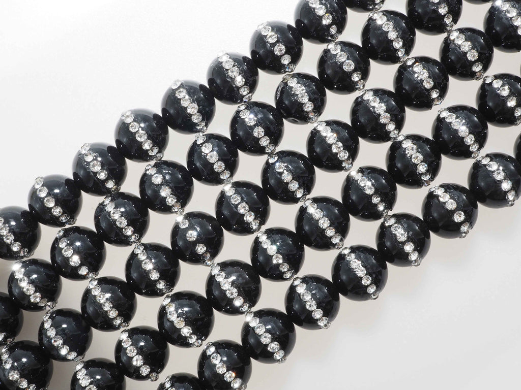 6mm/8mm/10mm/12mm Round Black Onyx with rhinestone inlaid, Natural Gemstone Beads, 15.5inch Full strand, SKU#V18