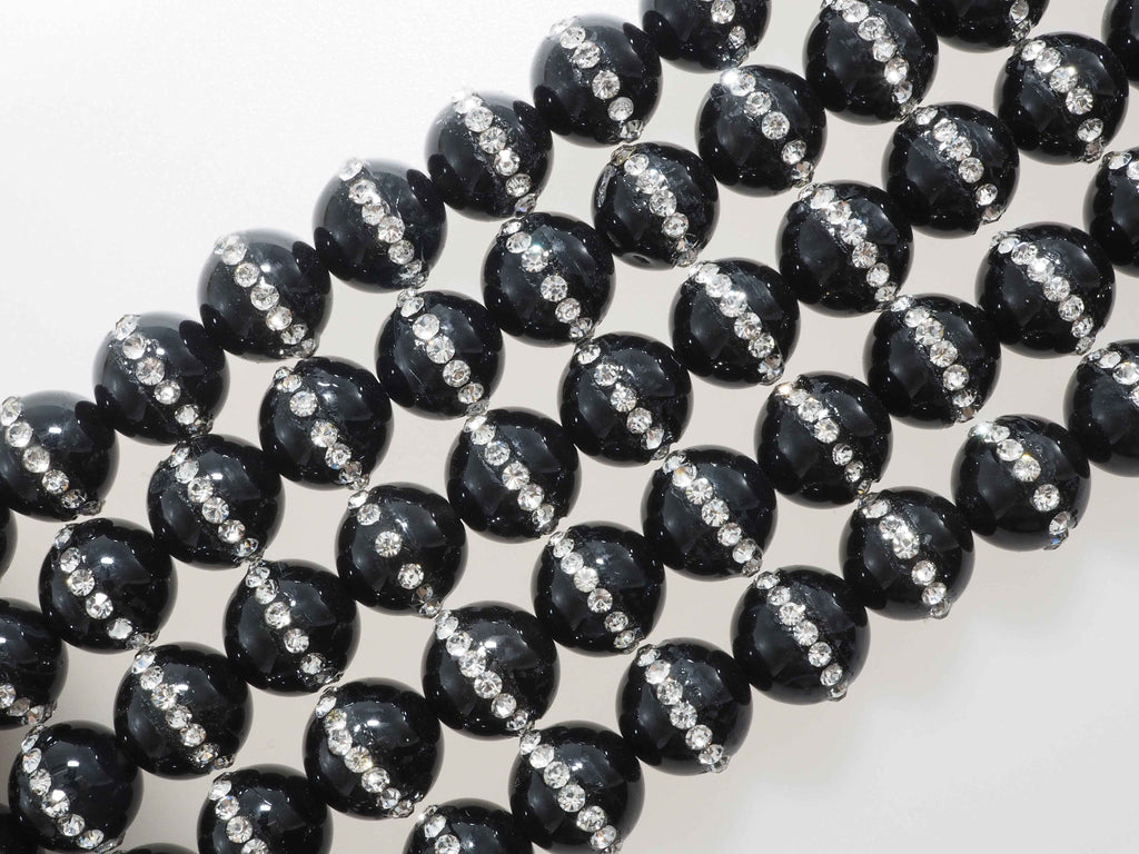 6mm/8mm/10mm/12mm Round Black Onyx with rhinestone inlaid, Natural Gemstone Beads, 15.5inch Full strand, SKU#V18