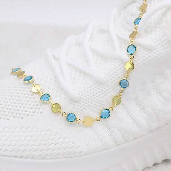 18k Gold Filled High Polish Finish Aquamarine Crystal Ankle Bracelet - New Age Realms