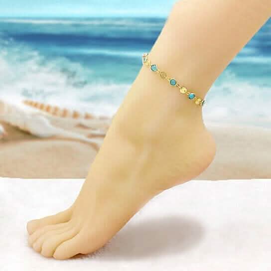 18k Gold Filled High Polish Finish Aquamarine Crystal Ankle Bracelet - New Age Realms