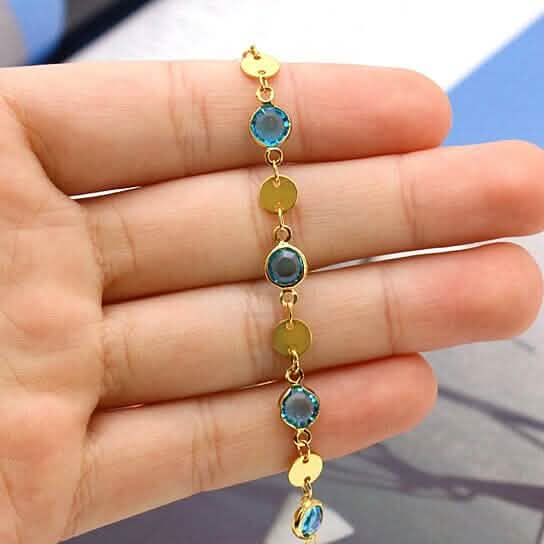 18k Gold Filled High Polish Finish Aquamarine Crystal Ankle Bracelet - New Age Realms
