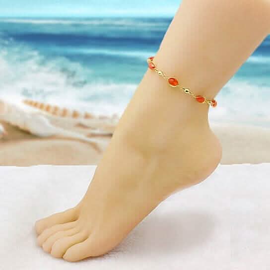 18K Gold Filled High Polish Finish Oval Crystal Ankle Bracelet - New Age Realms