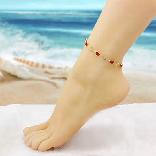 18k Gold Filled High Polish Finish Red Crystal Flower Ankle Bracelet - New Age Realms