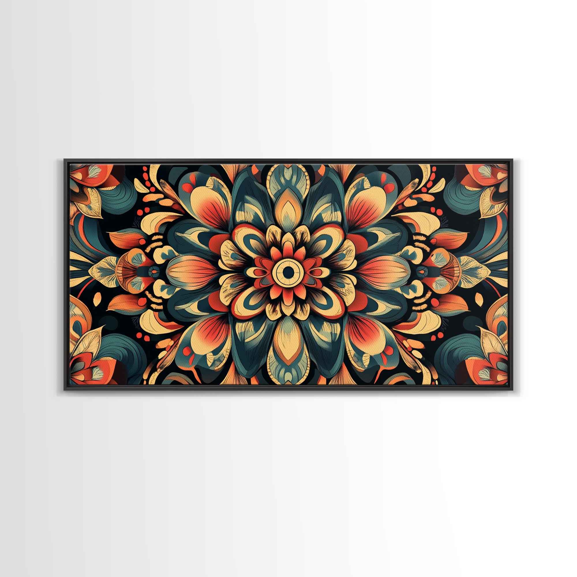 Kaleidoscopic Mandala Design Framed Canvas Print, Boho Wall Art, Sacred Geometry Painting, Colorful Ethereal Decor, Spiritual Zen Art