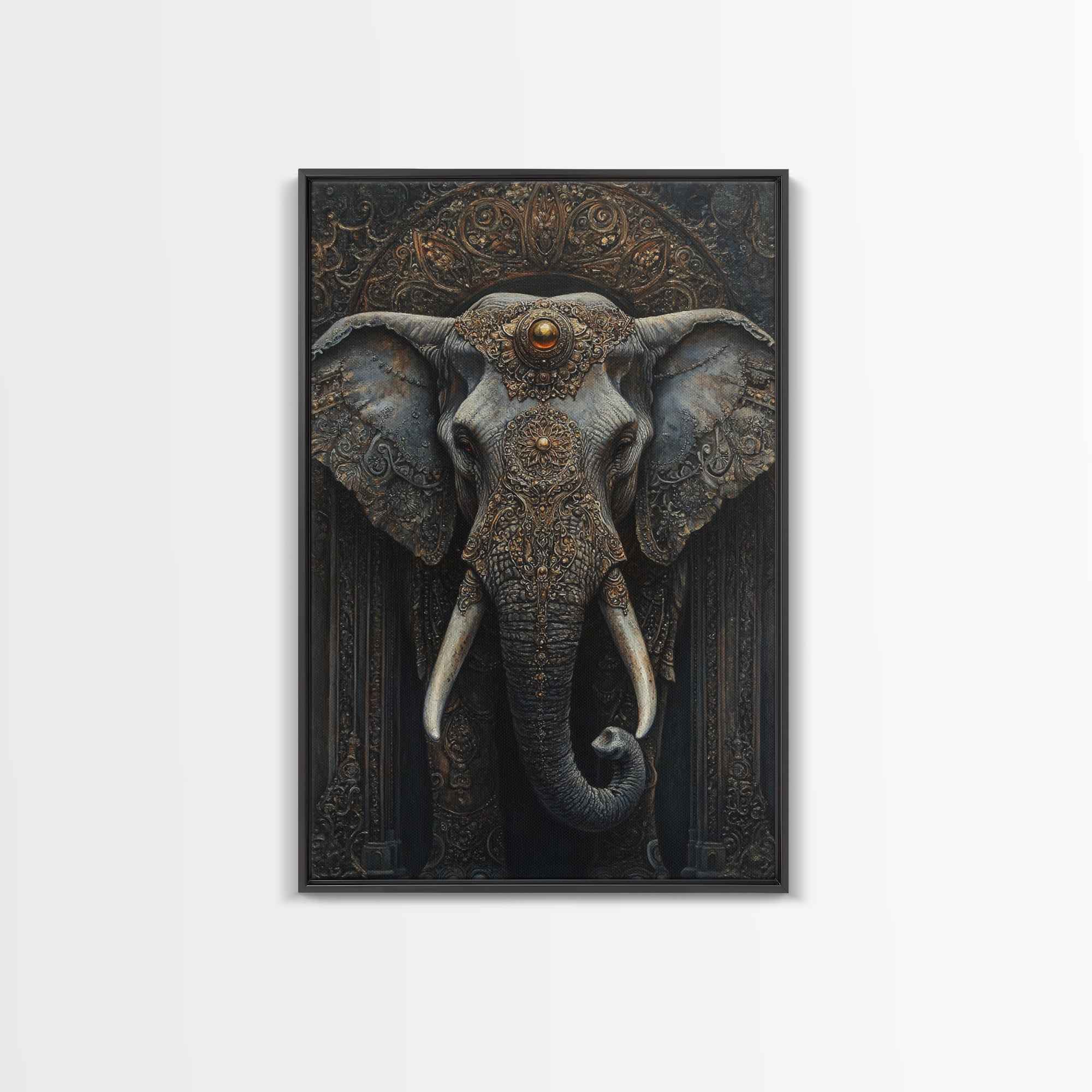 Ornate Elephant Kerala Mural Framed Canvas Print – Ganesh Wall Art, Sacred Geometry Art, Indian Inspired Decor Rustic Living Room Art