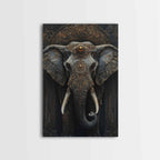 Ornate Elephant Kerala Mural Framed Canvas Print – Ganesh Wall Art, Sacred Geometry Art, Indian Inspired Decor Rustic Living Room Art