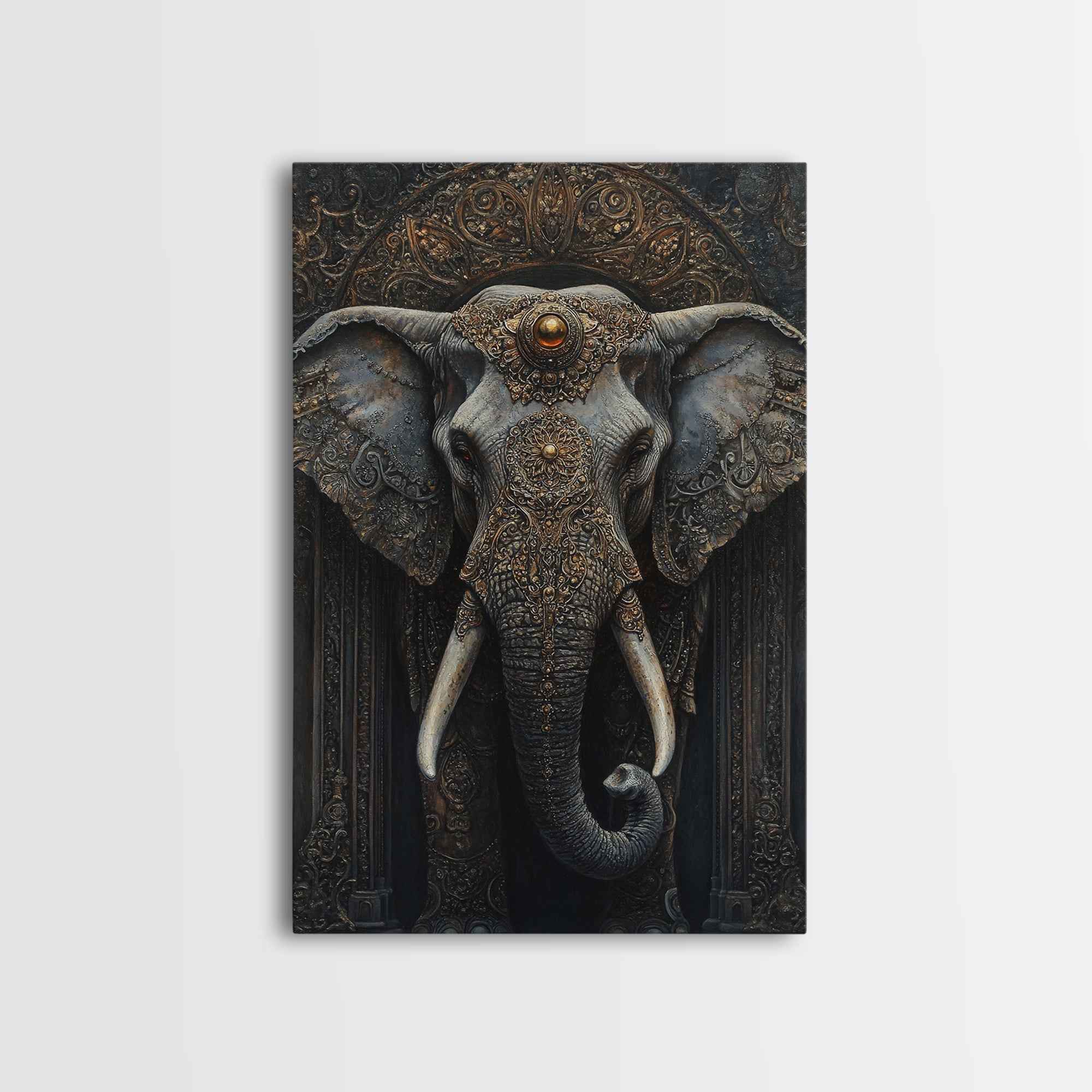 Ornate Elephant Kerala Mural Framed Canvas Print – Ganesh Wall Art, Sacred Geometry Art, Indian Inspired Decor Rustic Living Room Art