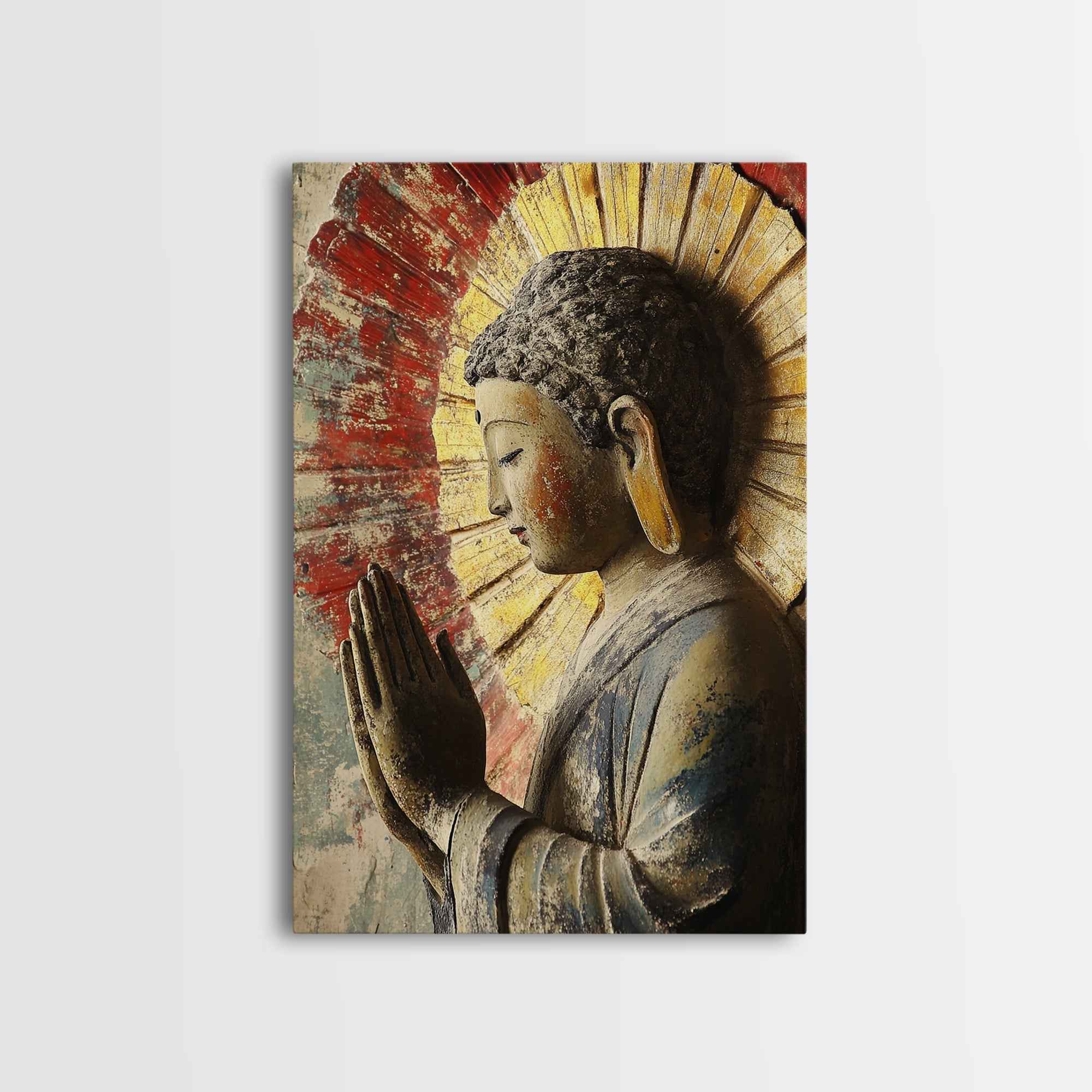Buddha Prayer Sculpture Framed Canvas Print Zen Wall Art Rustic Decor Sacred Geometry Wall Art Therapy Art Living Room Art Buddha Art