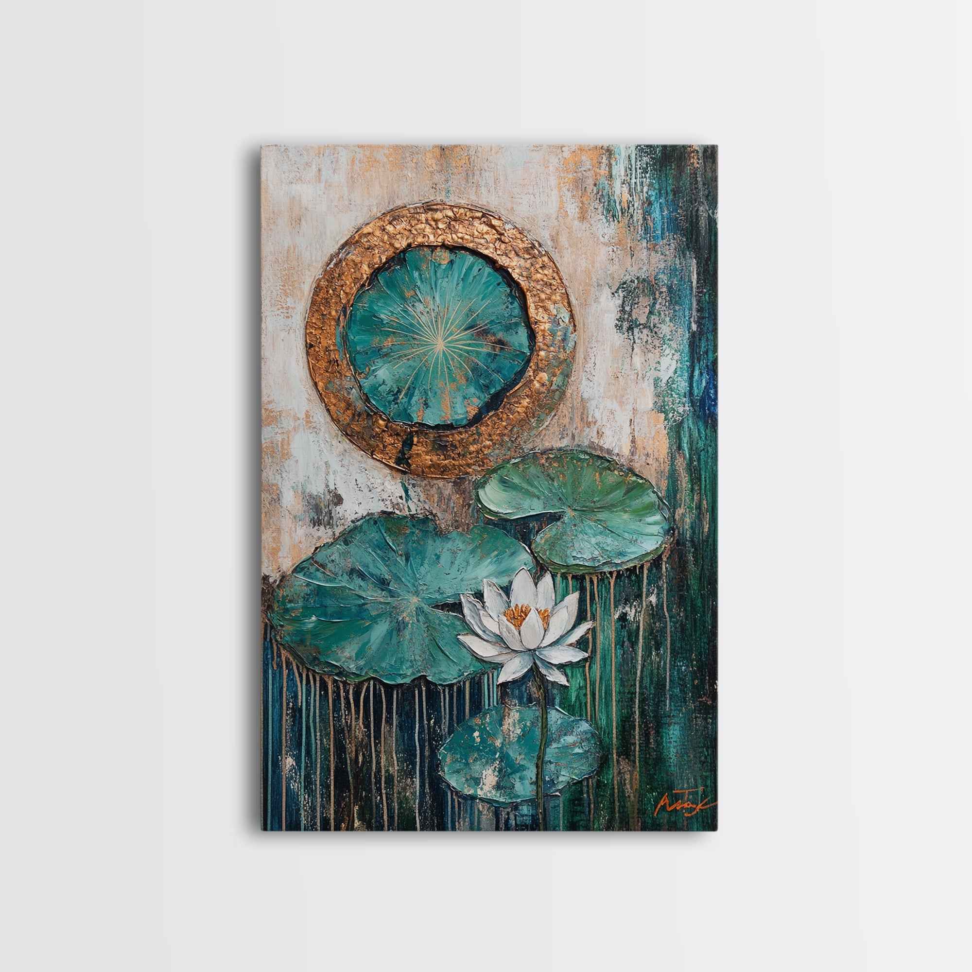 Lotus, Gold, Abstract, Framed Canvas Print, wabi sabi art, mosaic wall art, teal wall art, zen wall art, sacred geometry wall art