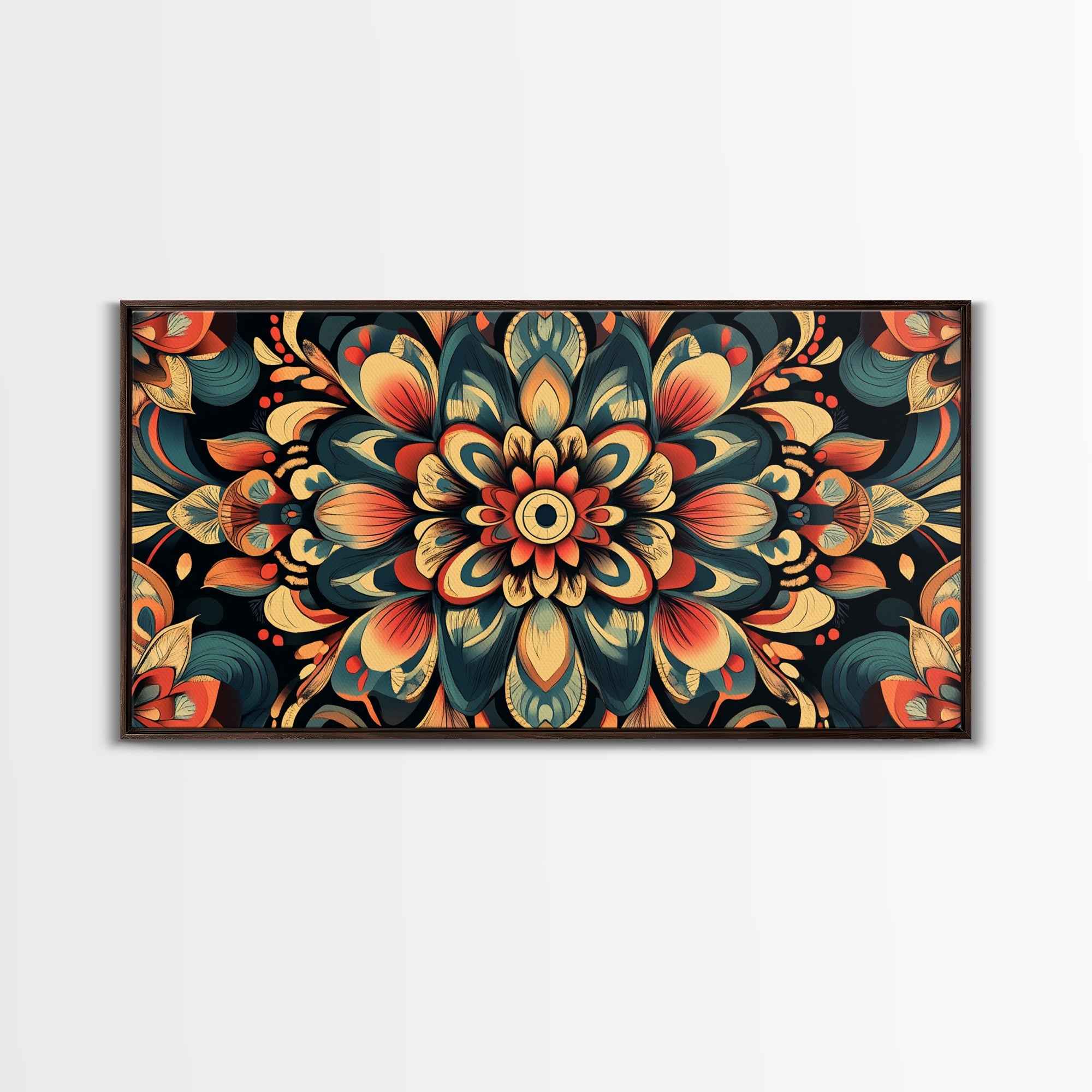 Kaleidoscopic Mandala Design Framed Canvas Print, Boho Wall Art, Sacred Geometry Painting, Colorful Ethereal Decor, Spiritual Zen Art