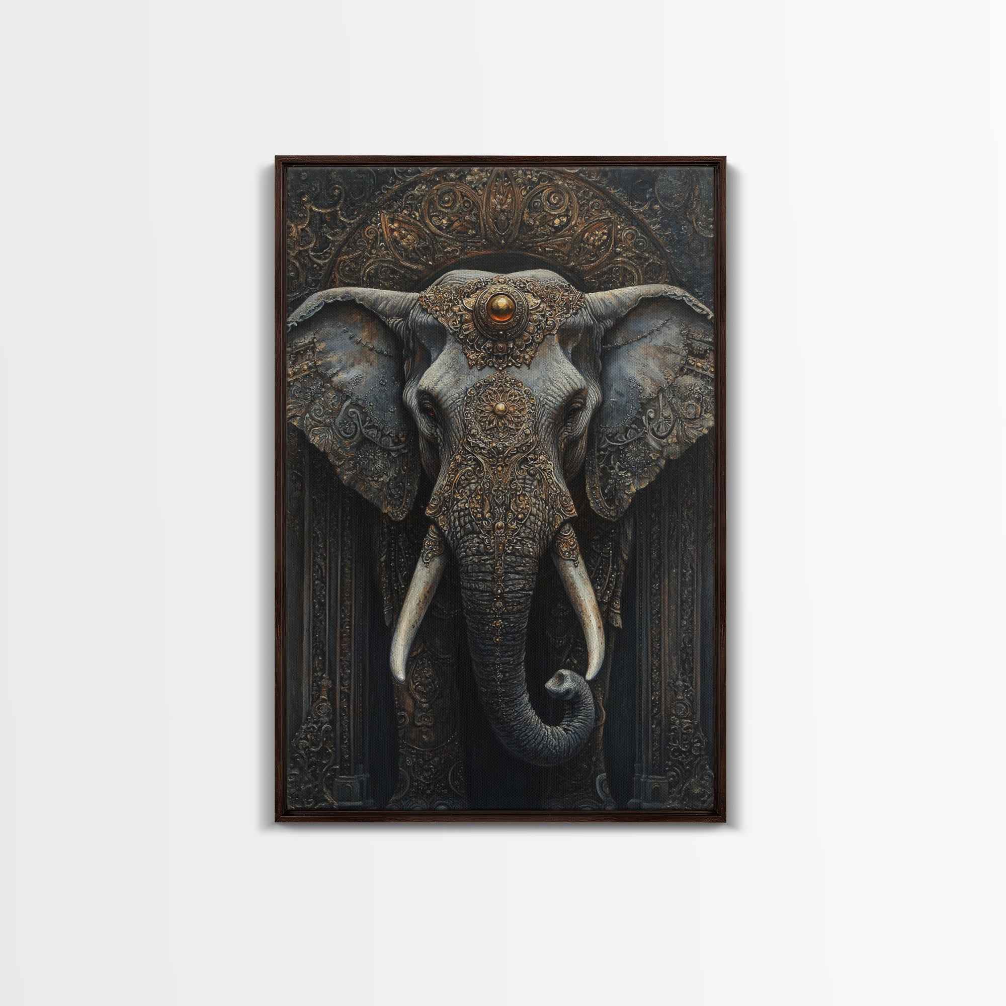 Ornate Elephant Kerala Mural Framed Canvas Print – Ganesh Wall Art, Sacred Geometry Art, Indian Inspired Decor Rustic Living Room Art