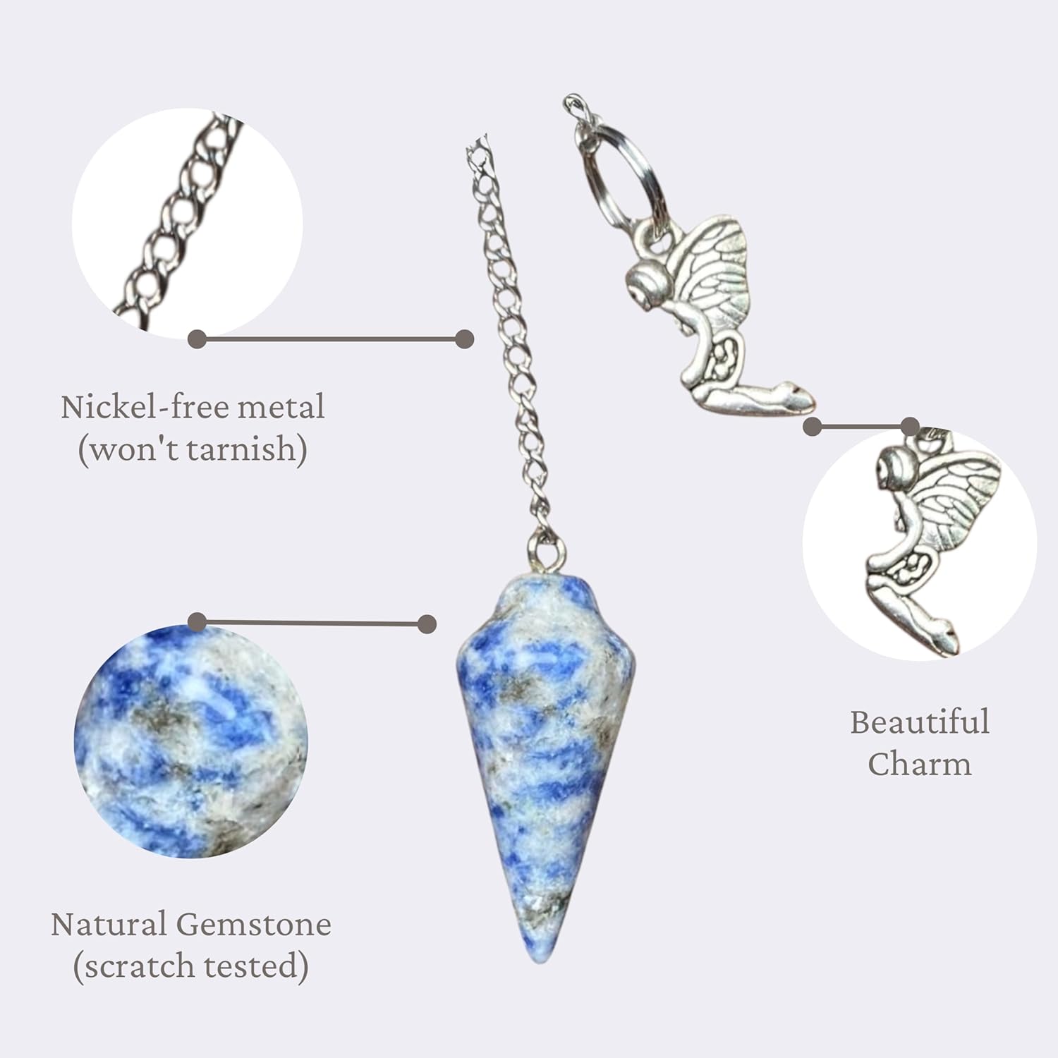 Natural Gemstone Smooth Conical Crystal Pendulum with Mystery Charm | Bag Charm - New Age Realms