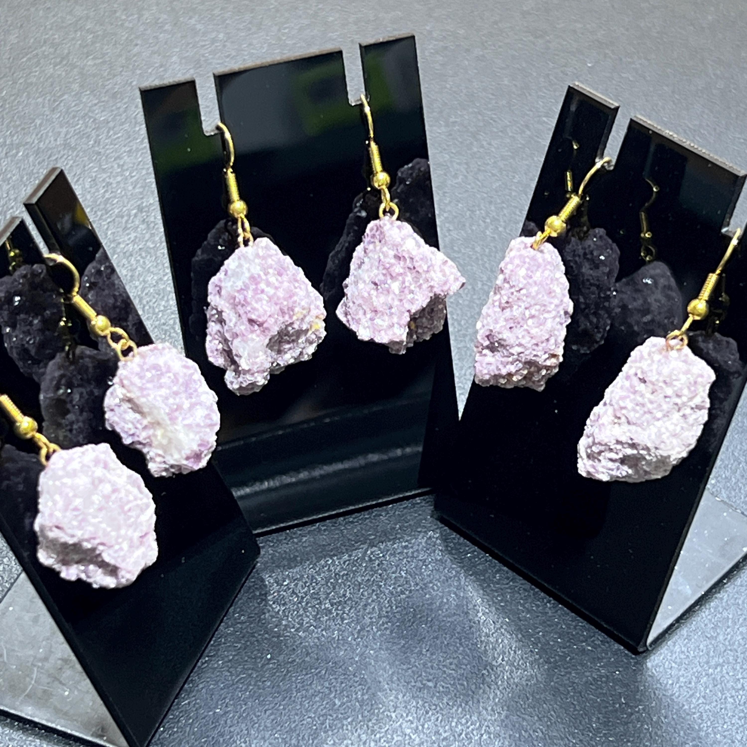 Lilac Lepidolite Raw Crystal Earrings Pair (Gold Stainless Steel Hooks) - New Age Realms