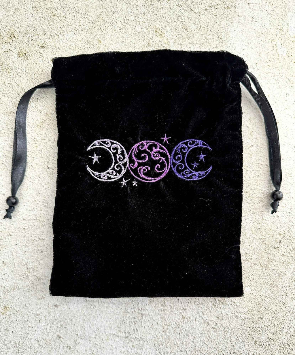 Triple Moon Black Velvet Embroidered Tarot Card Bag With Satin Lining