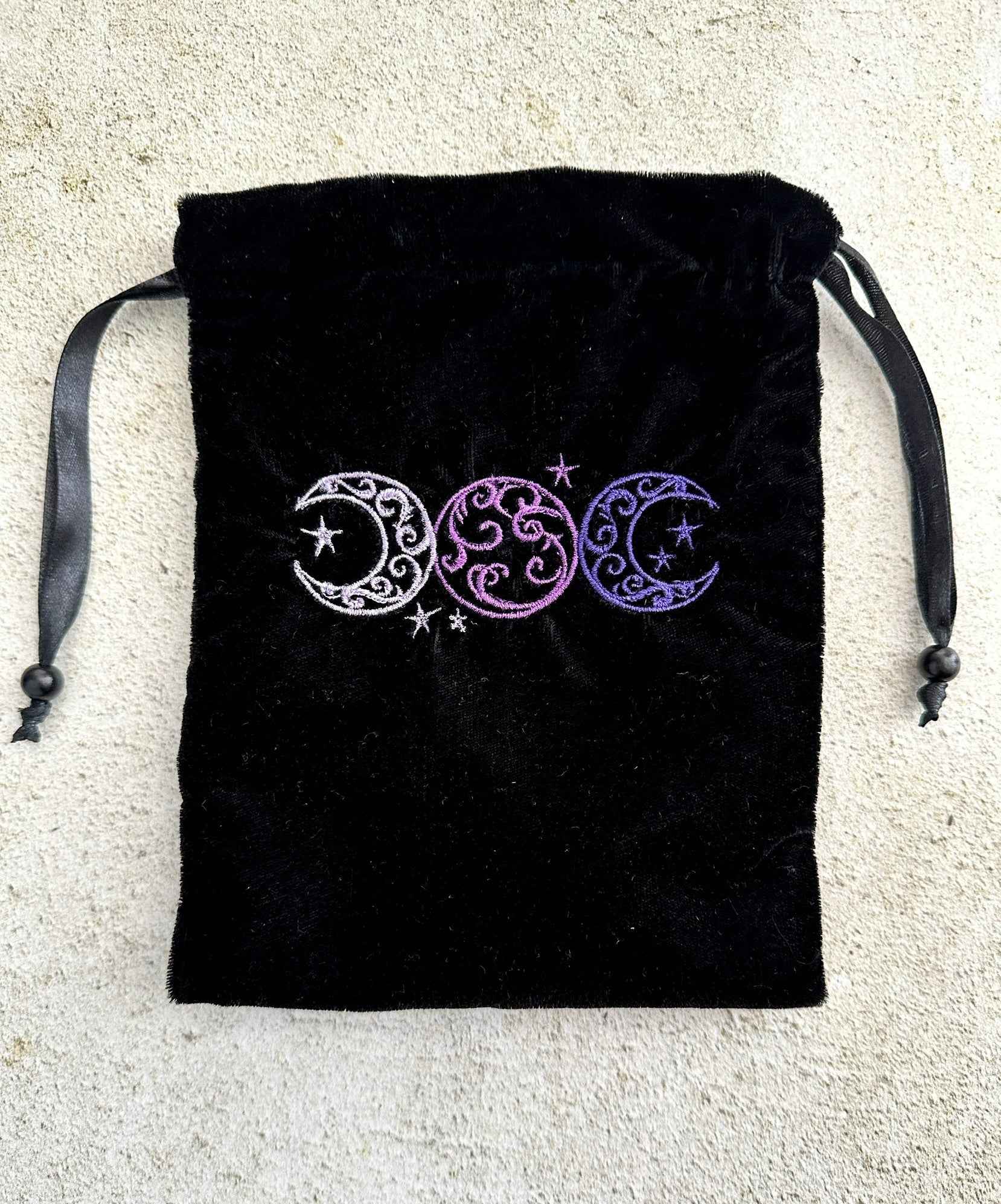 Triple Moon Black Velvet Embroidered Tarot Card Bag With Satin Lining