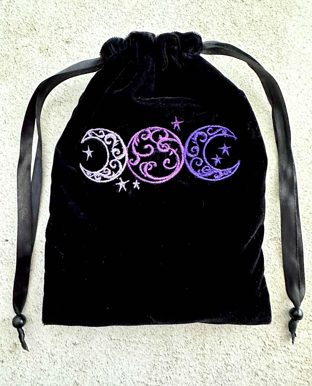 Triple Moon Black Velvet Embroidered Tarot Card Bag With Satin Lining