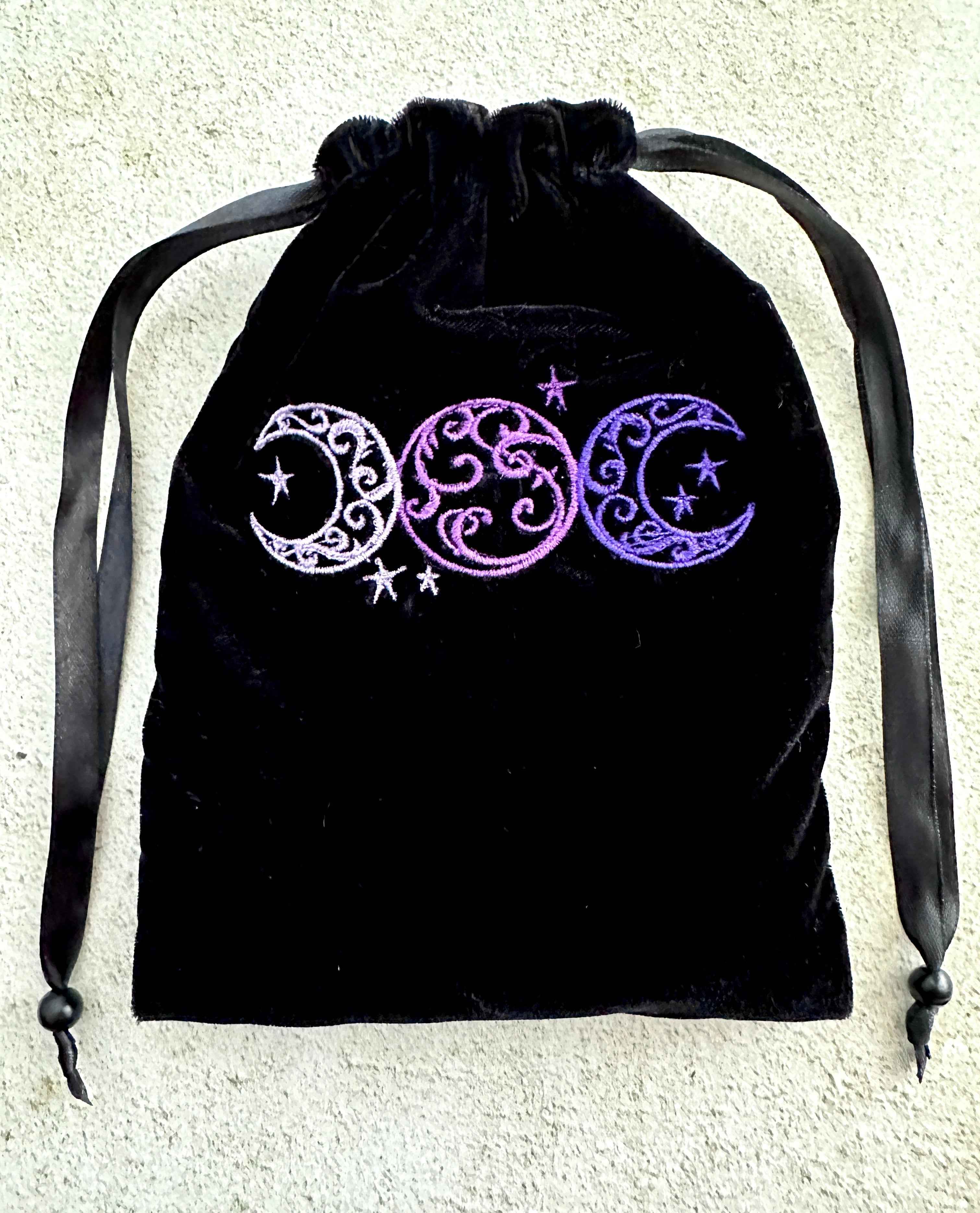 Triple Moon Black Velvet Embroidered Tarot Card Bag With Satin Lining