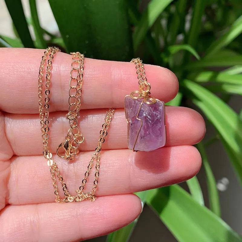 Raw Crystal Wire Wrap Gold Necklaces - New Age Realms
