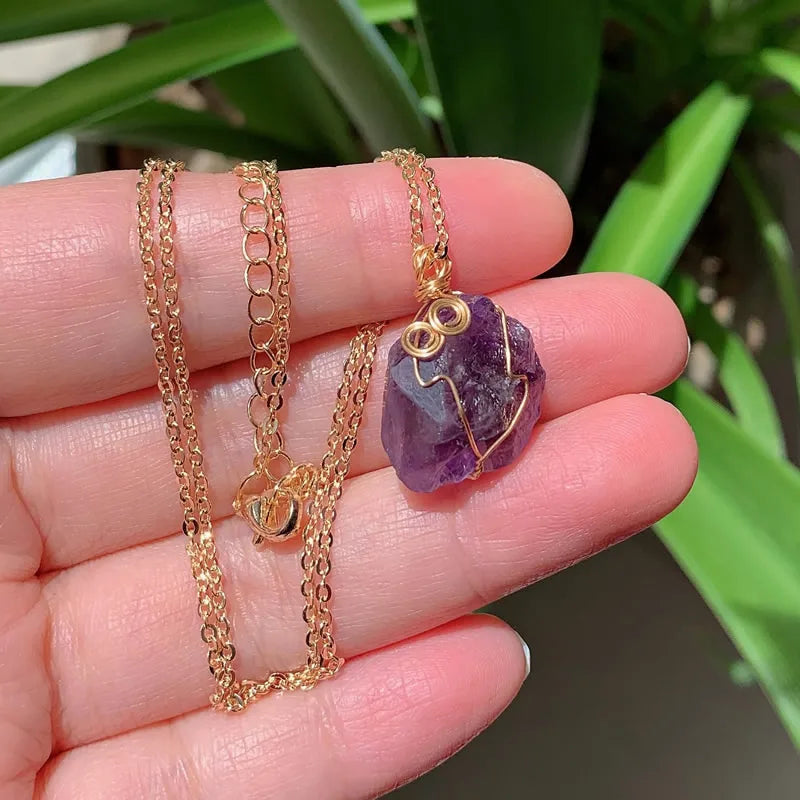 Raw Crystal Wire Wrap Gold Necklaces - New Age Realms