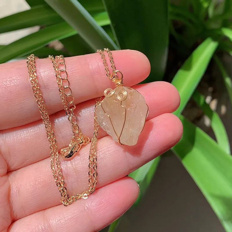 Raw Crystal Wire Wrap Gold Necklaces - New Age Realms