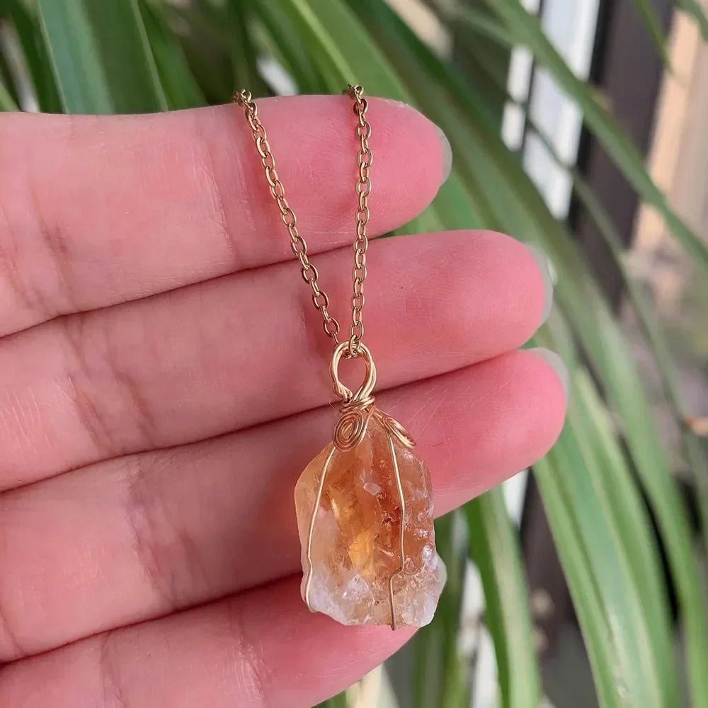 Raw Crystal Wire Wrap Gold Necklaces - New Age Realms