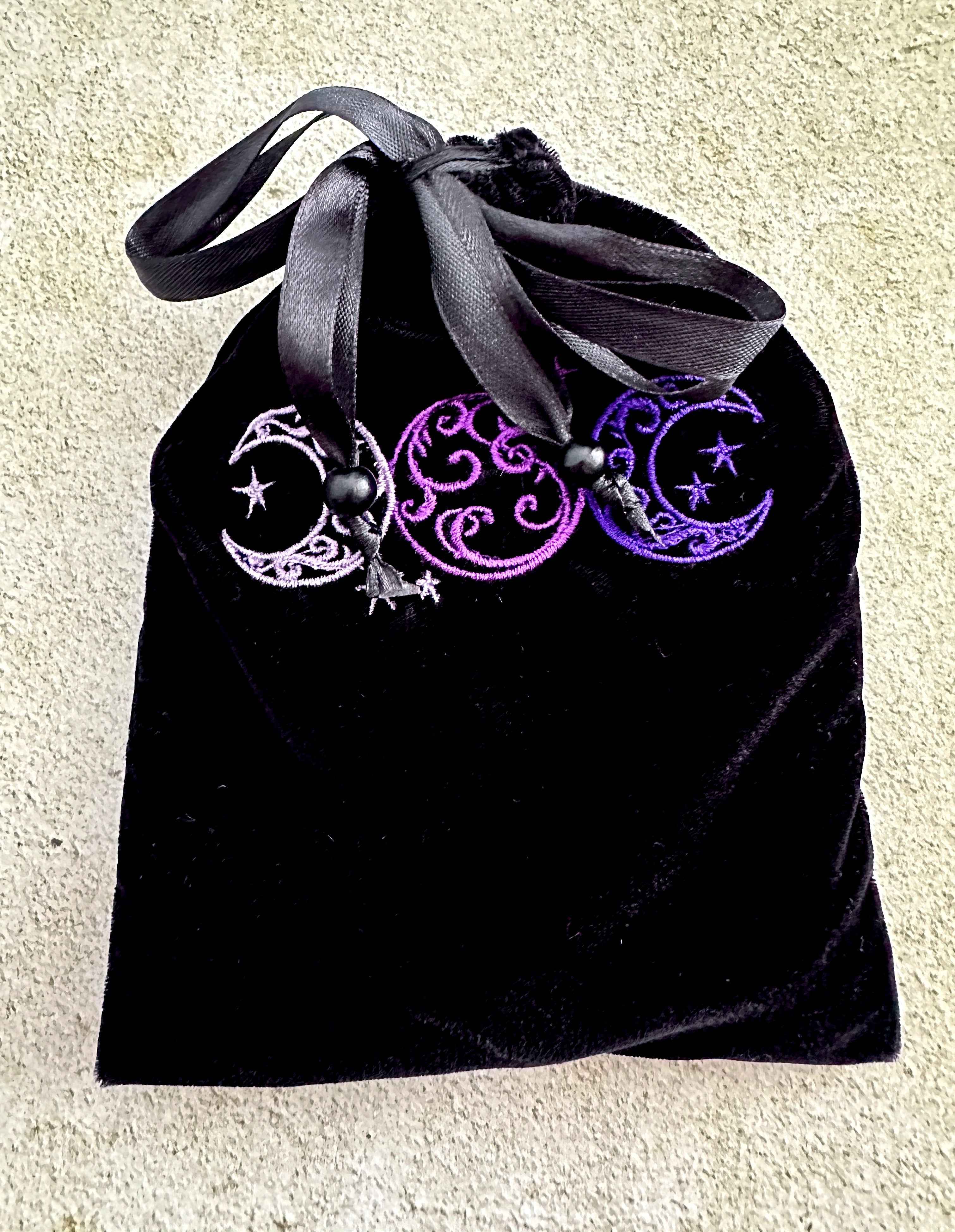 Triple Moon Black Velvet Embroidered Tarot Card Bag With Satin Lining