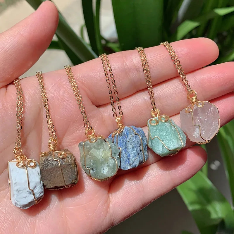Raw Crystal Wire Wrap Gold Necklaces - New Age Realms