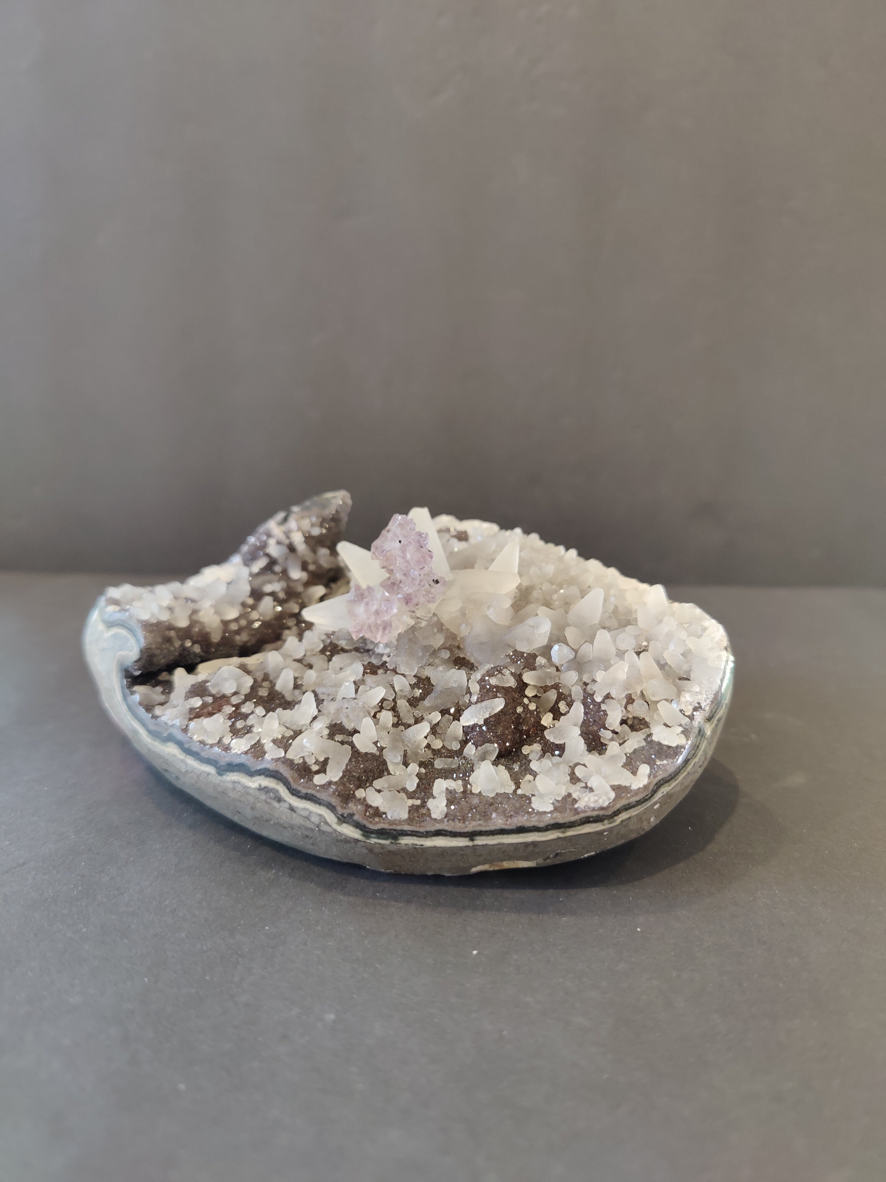Amethyst with Scalenohedral "Dogtooth" Calcite inclusions Geode Sculpture - New Age Realms