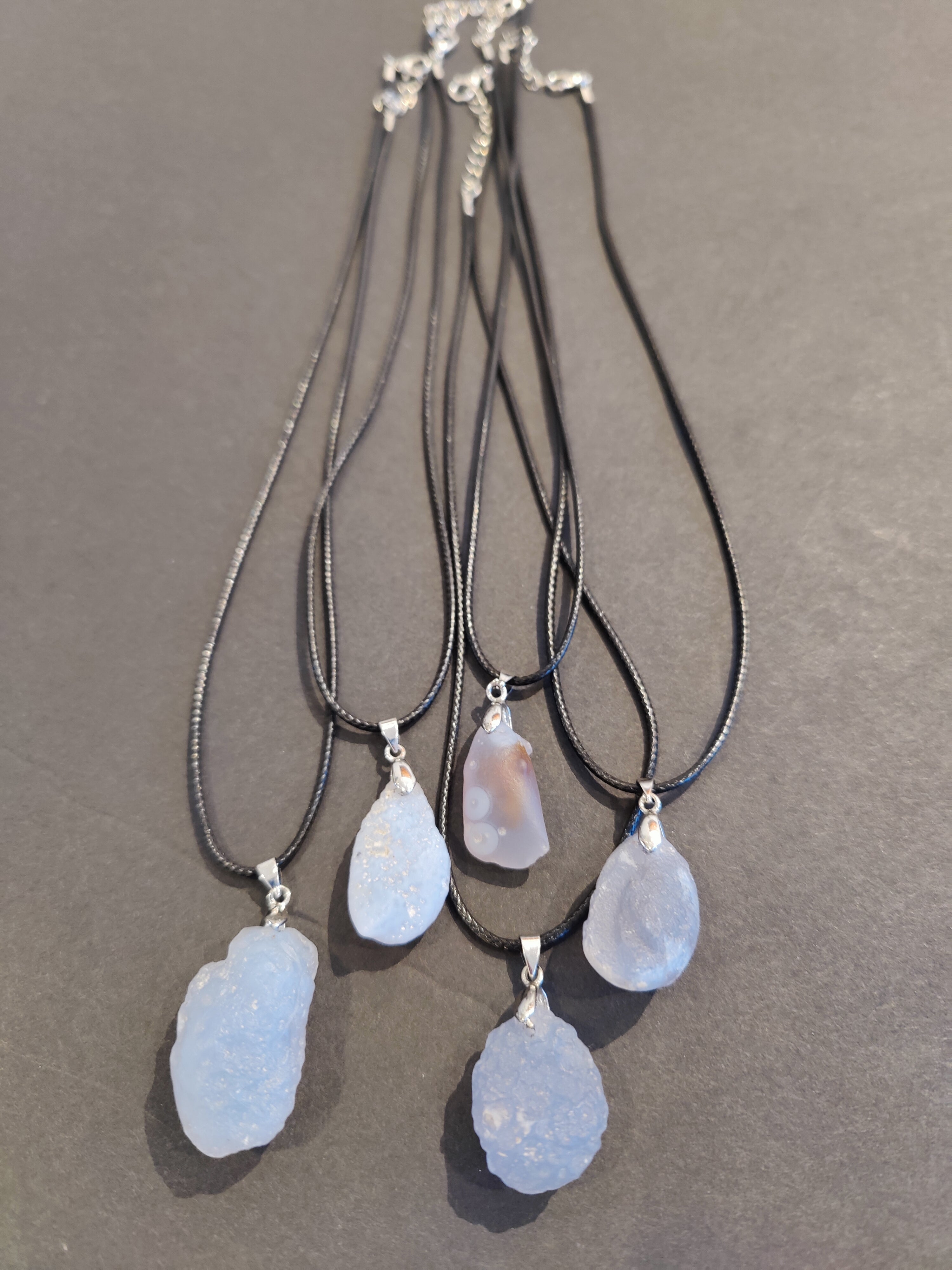 Blue Chalcedony Gobi Desert Raw Stone Pendant with Cord Necklace 18" - New Age Realms