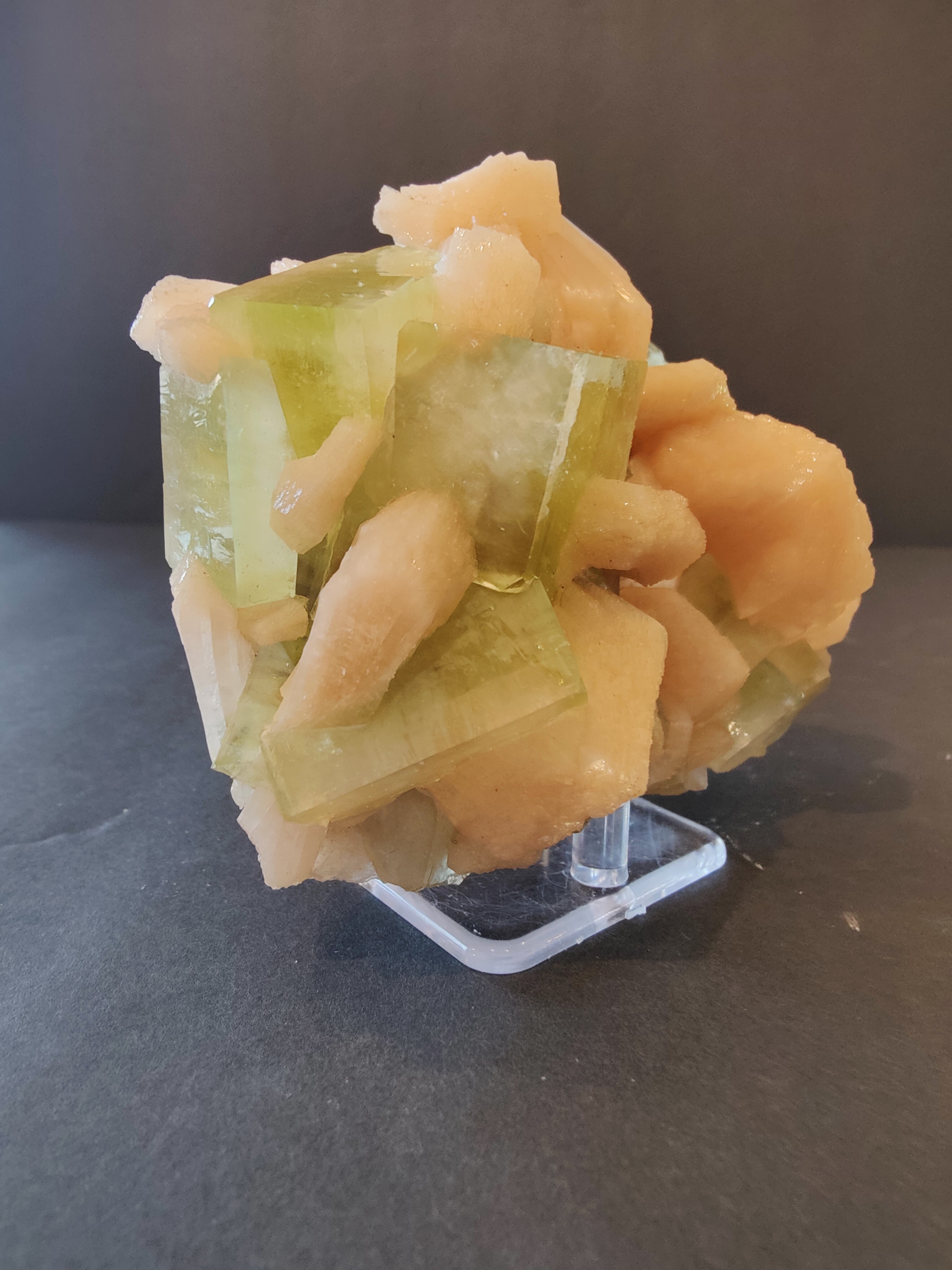 Green Apophyllite Cubes with Peach Stilbite Specimen 449g - New Age Realms