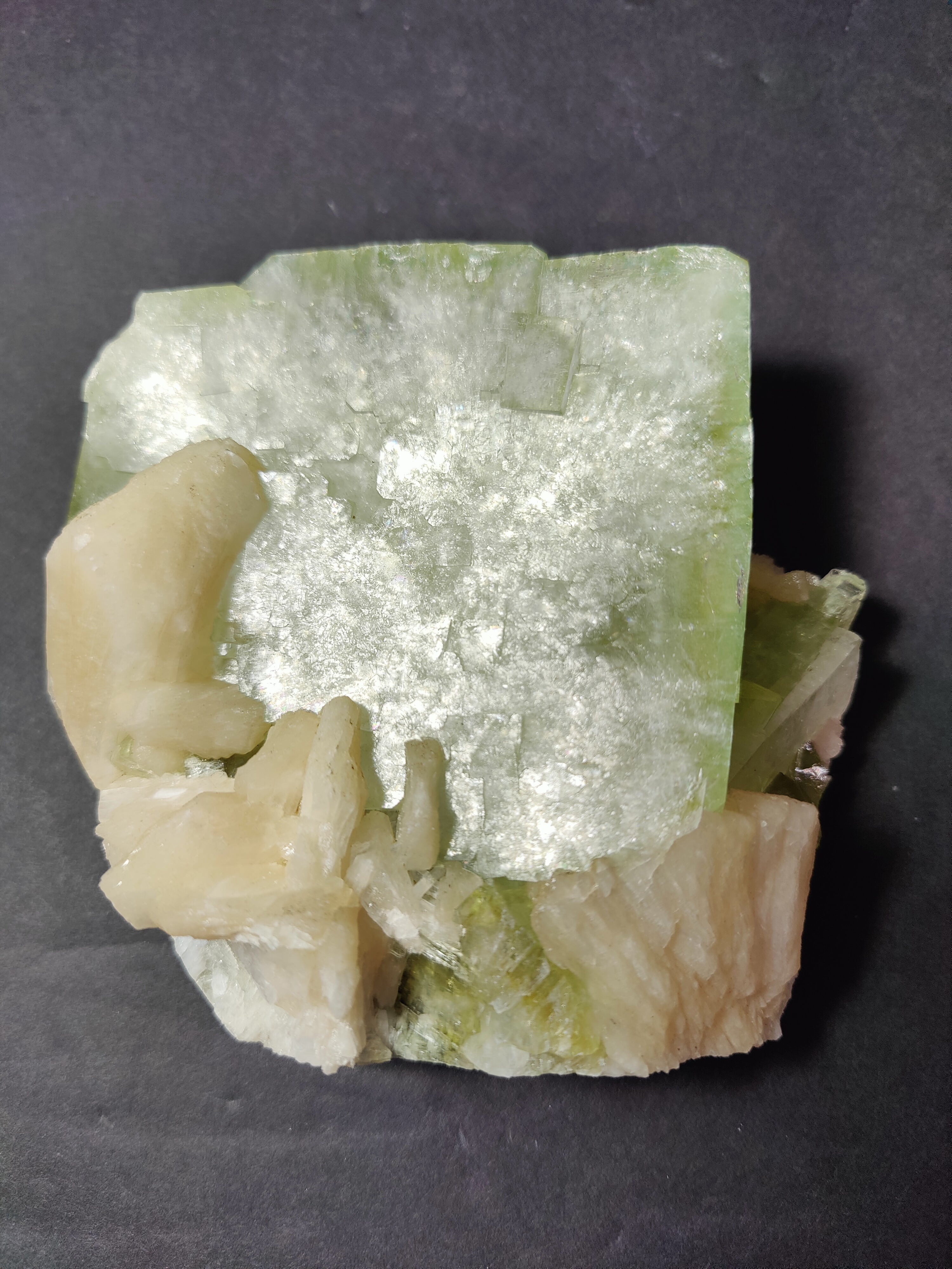 Green Apophyllite Cube with Peach Stilbite Specimen 758g - New Age Realms