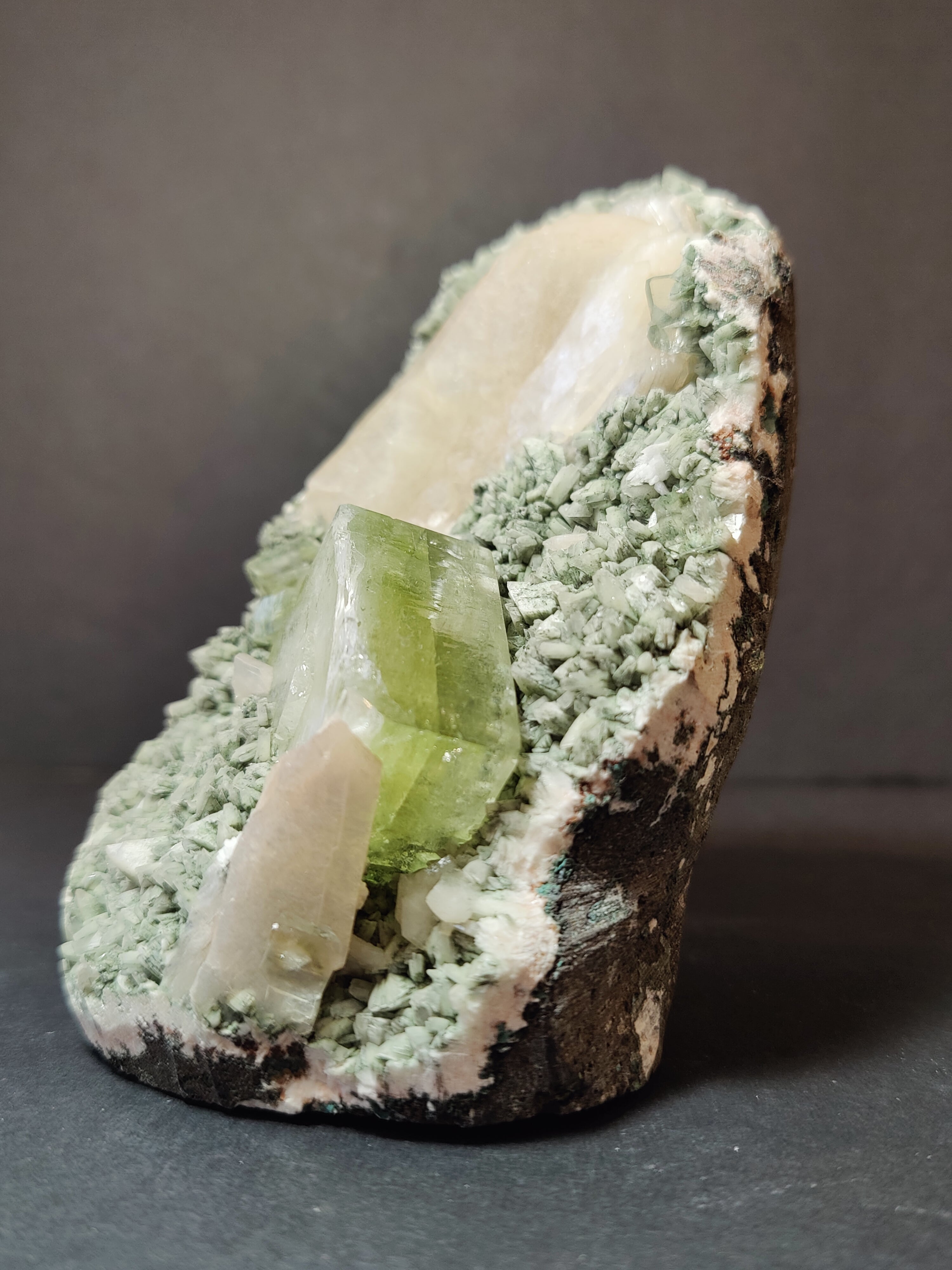Green Apophyllite Cubes with Peach Stilbite on Heulandite Specimen 730g - New Age Realms