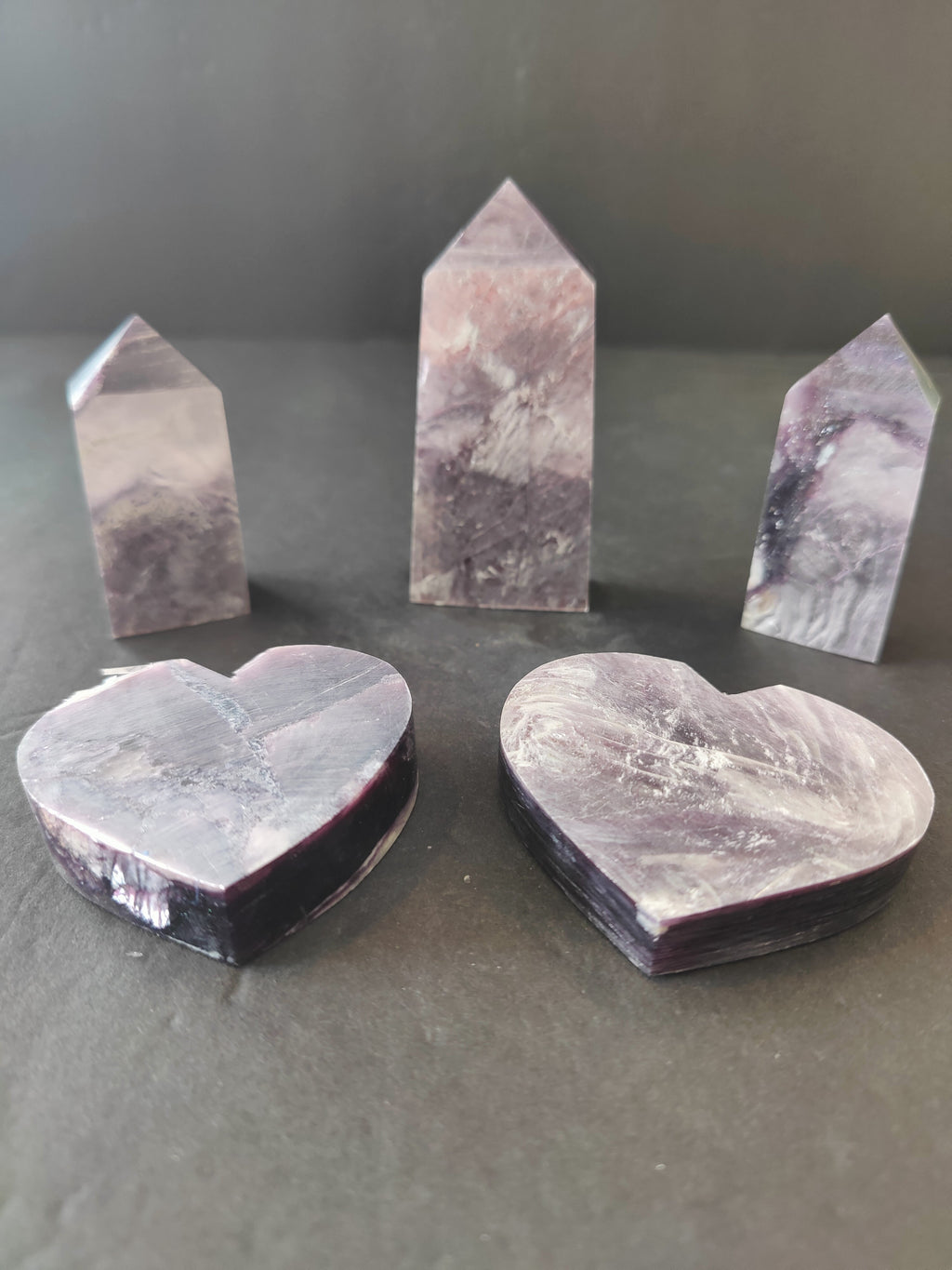 Lepidolite Tower & Heart Sculptures - New Age Realms