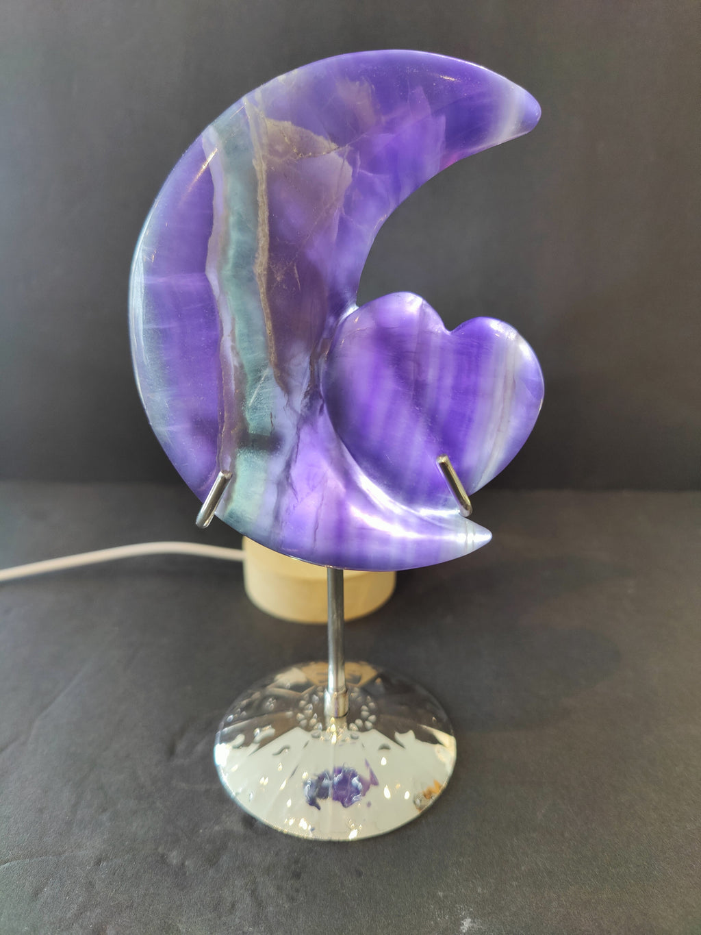 Purple Fluorite Half-Moon & Heart Sculpture on 5" Metal Stand - New Age Realms