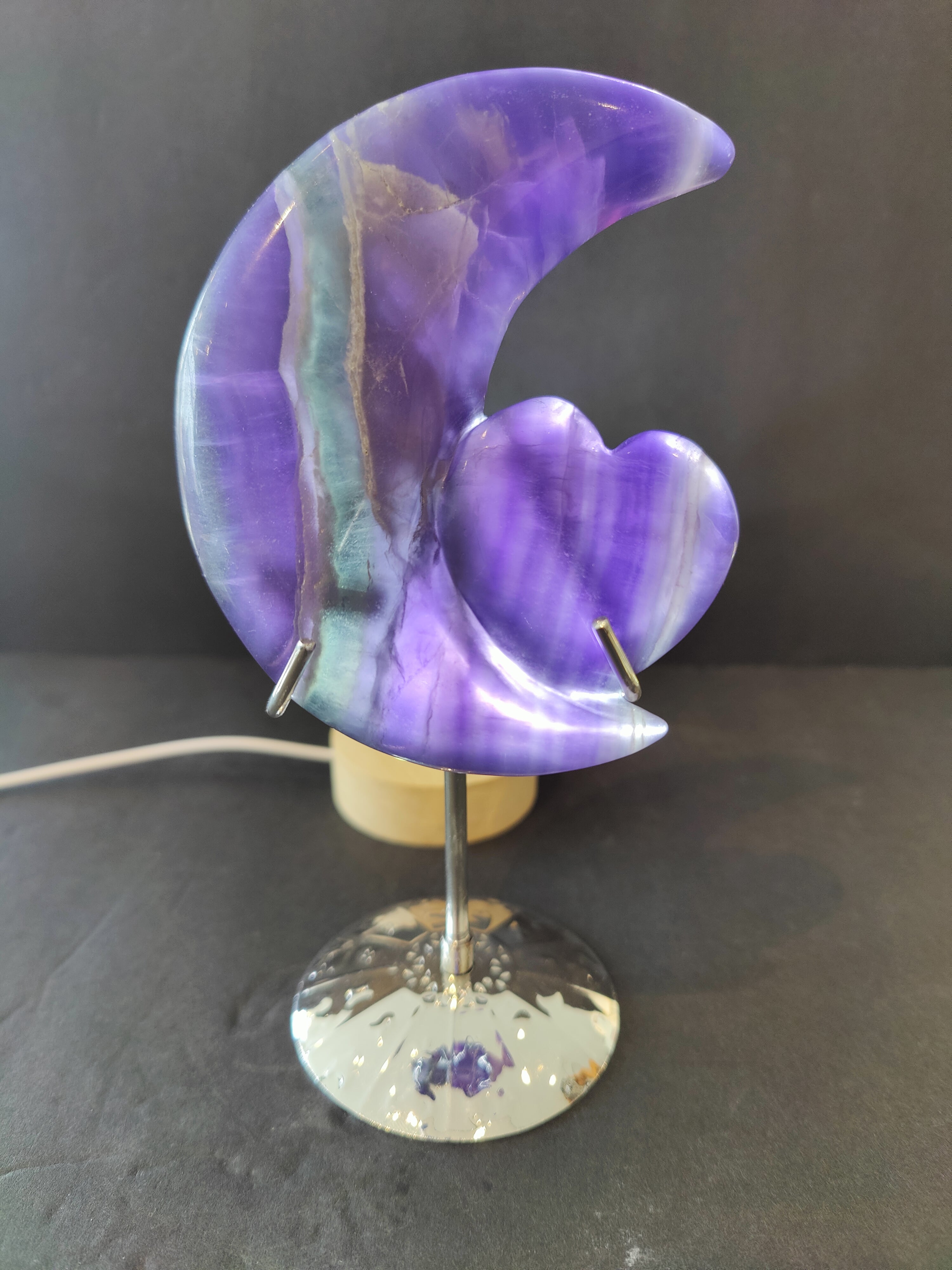 Purple Fluorite Half-Moon & Heart Sculpture on 5" Metal Stand - New Age Realms