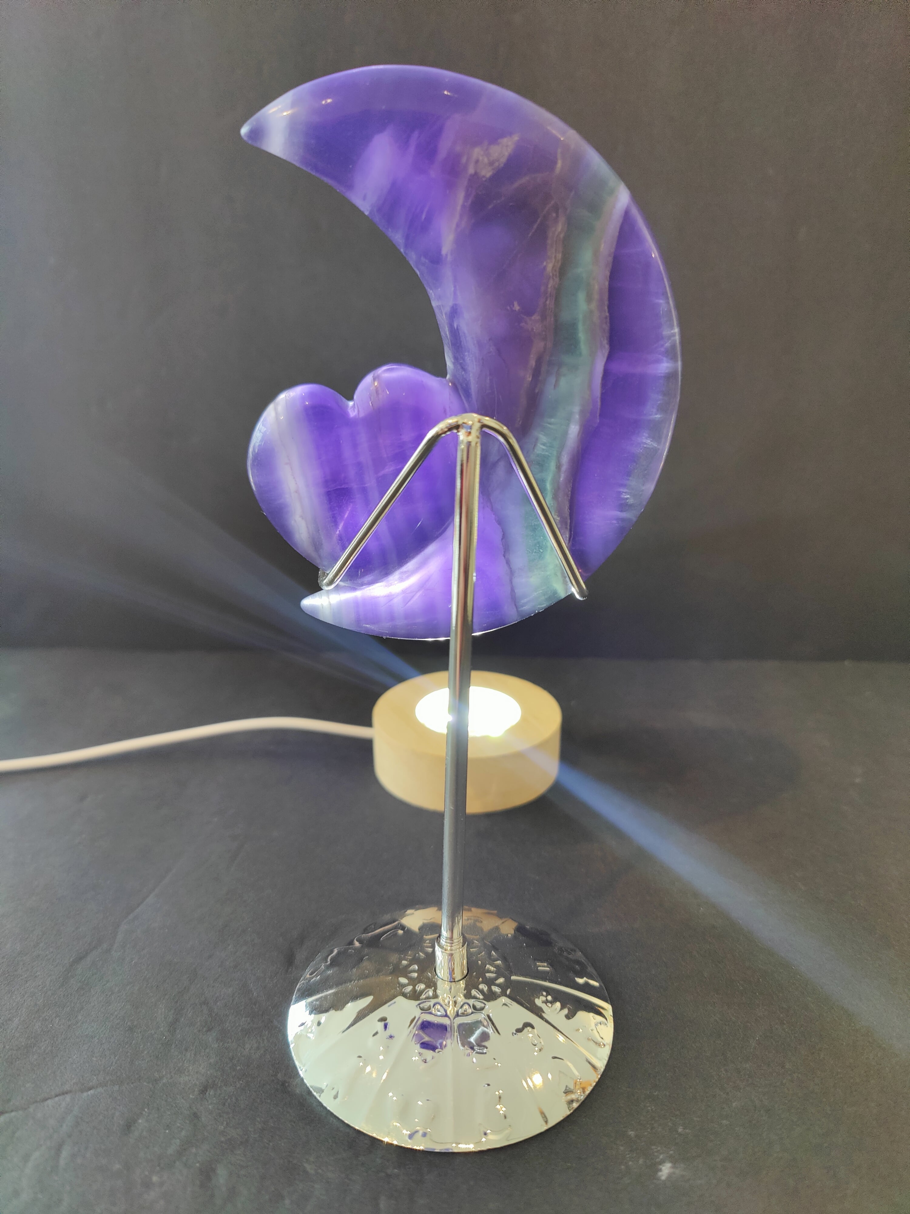 Purple Fluorite Half-Moon & Heart Sculpture on 5" Metal Stand - New Age Realms