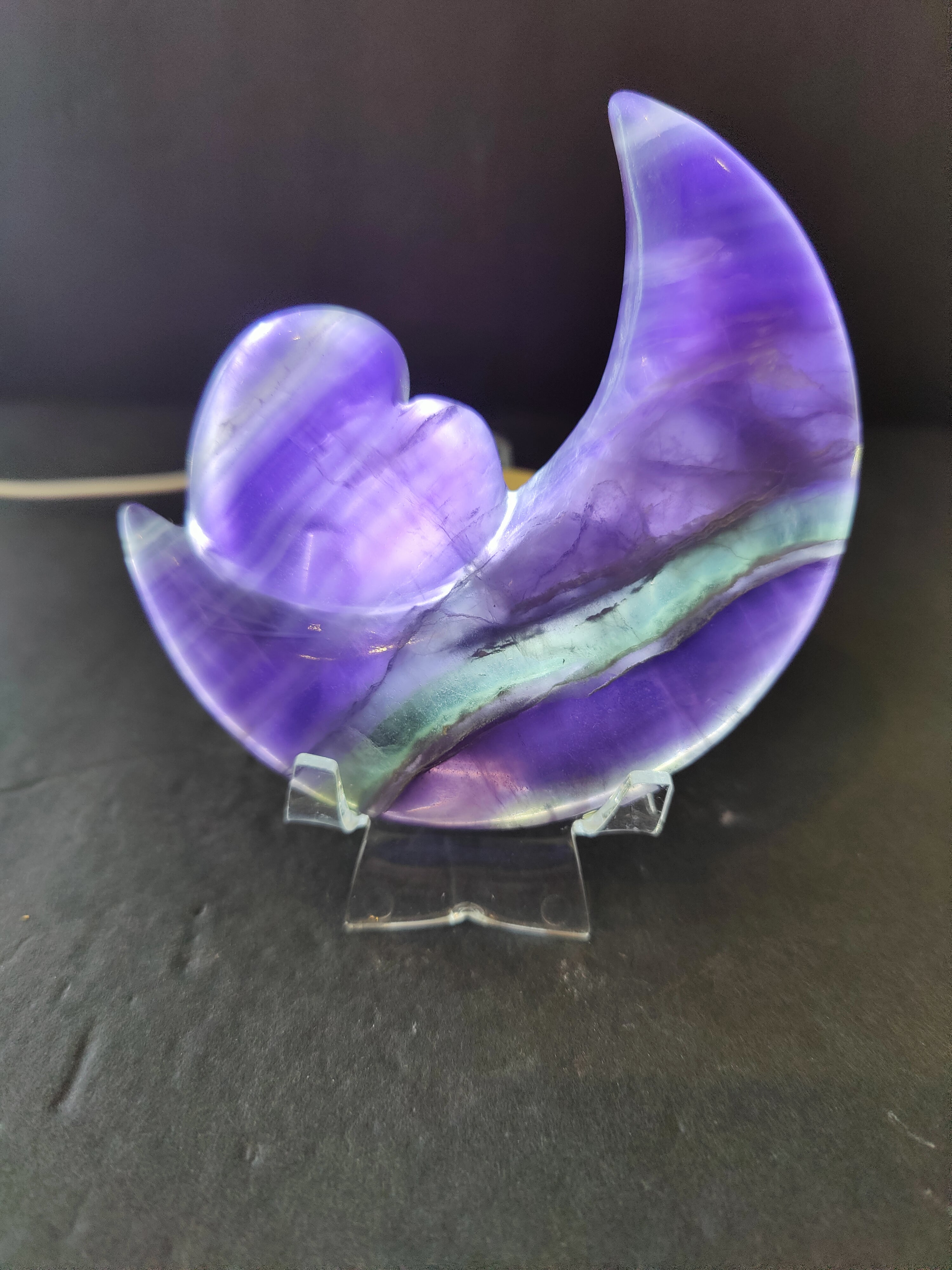 Purple Fluorite Half-Moon & Heart Sculpture on 5" Metal Stand - New Age Realms