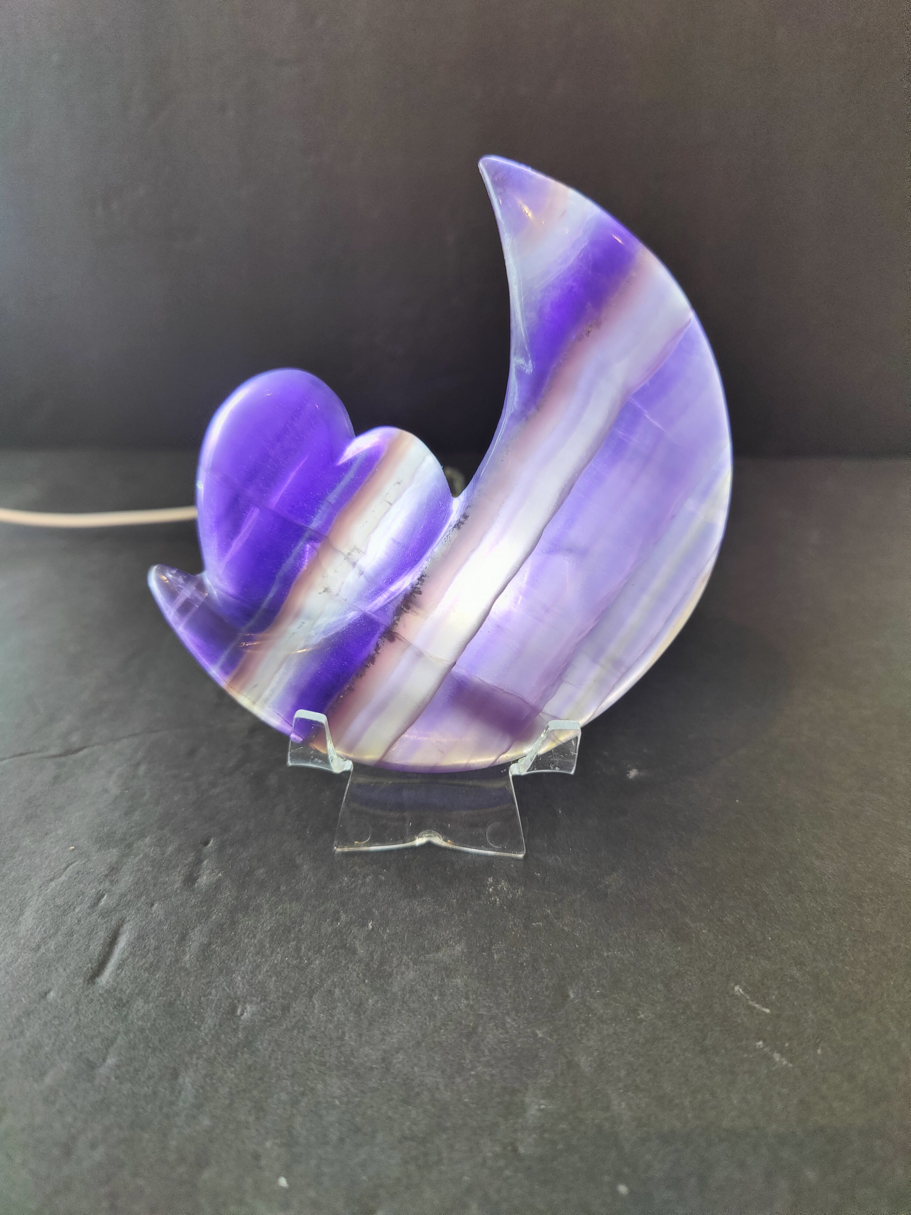 Purple Fluorite Half-Moon & Heart Sculpture on 5" Metal Stand - New Age Realms