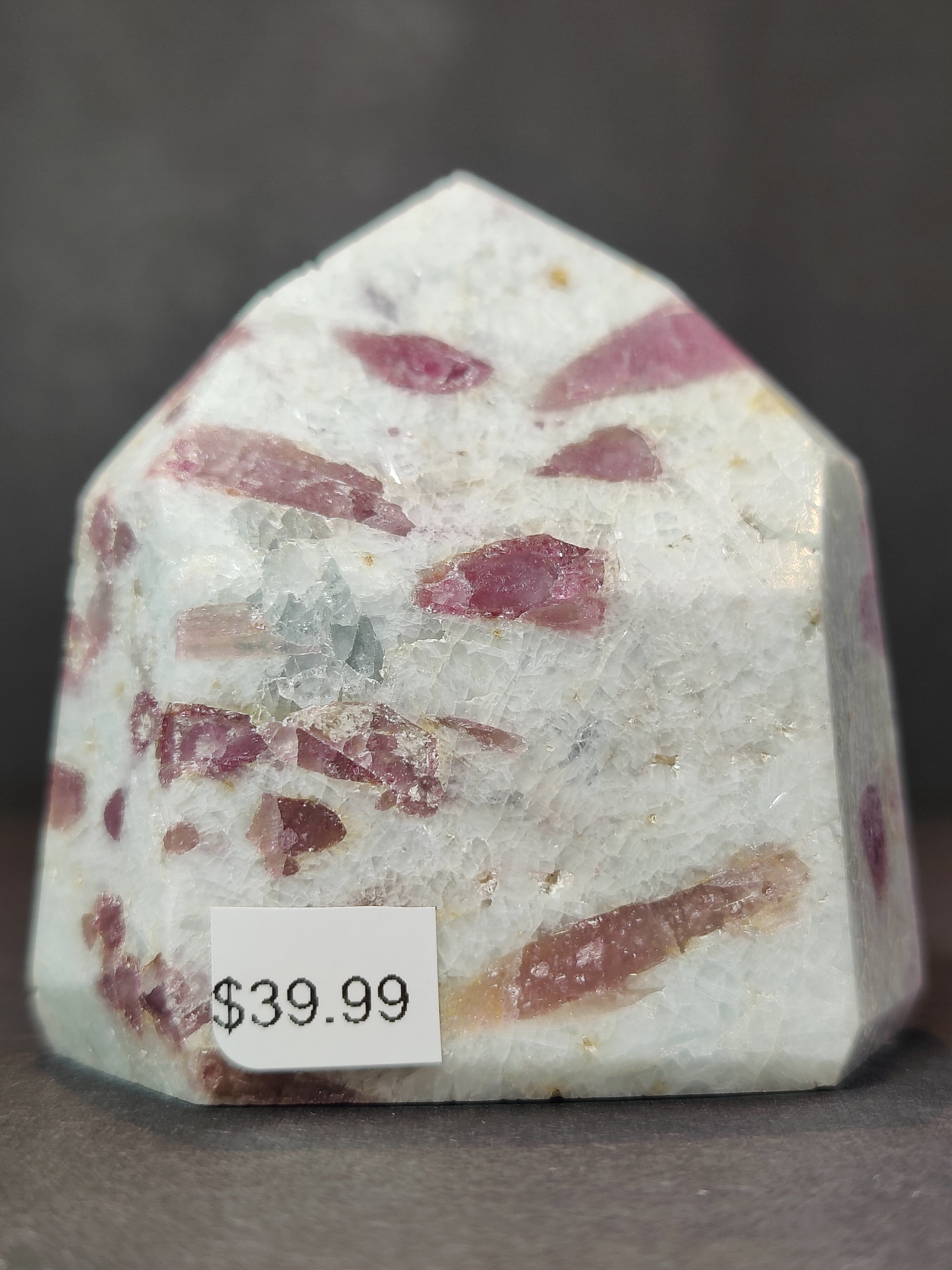 Rubellite (Pink Tourmaline) in Quartz Polished Obelisk Tower Sculpture - New Age Realms