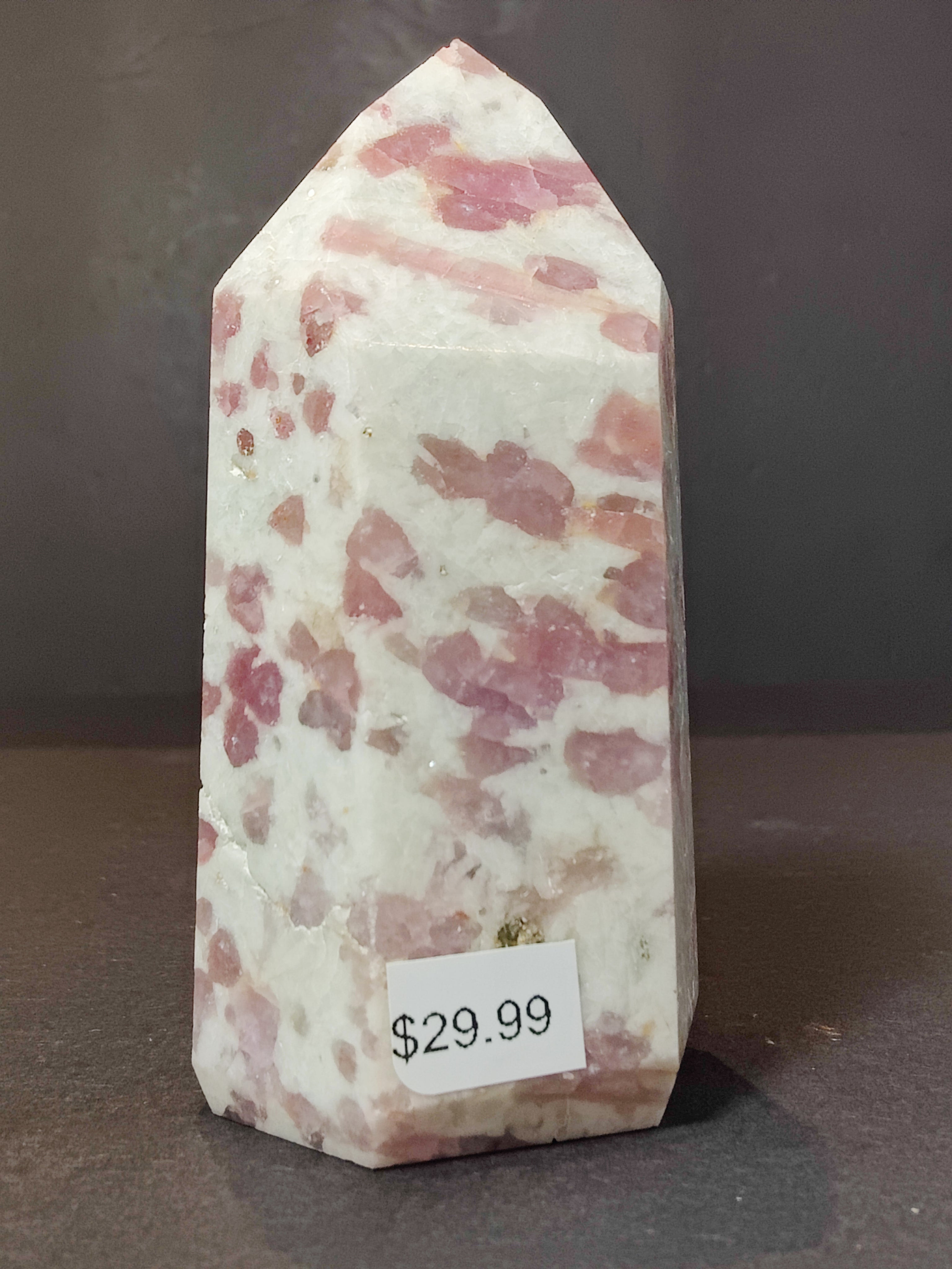 Rubellite (Pink Tourmaline) in Quartz Polished Obelisk Tower Sculpture - New Age Realms