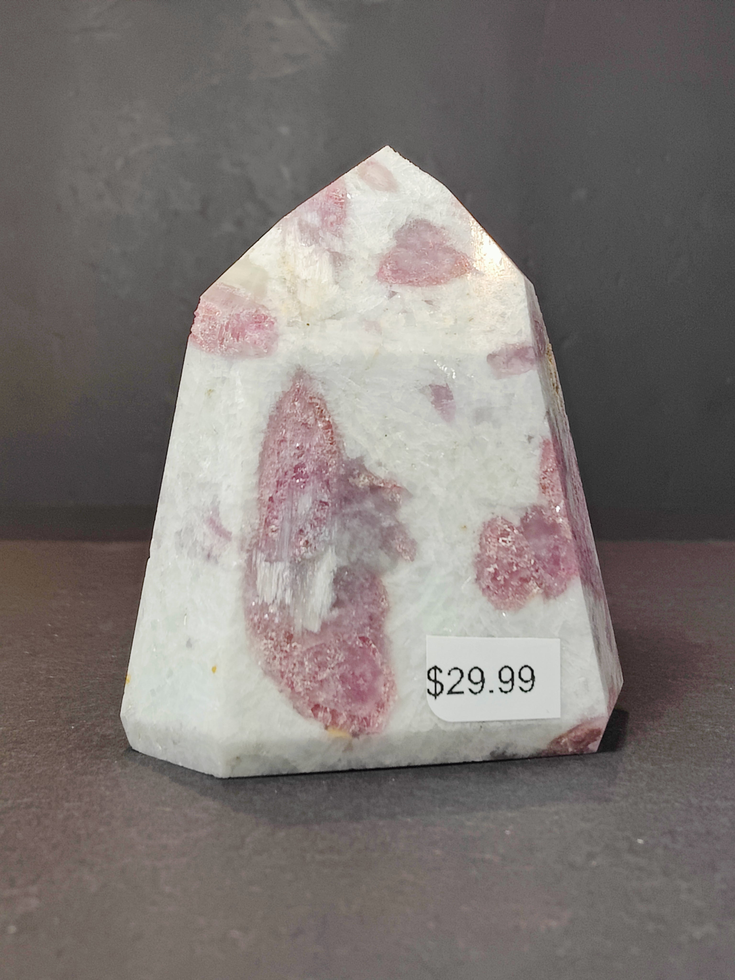 Rubellite (Pink Tourmaline) in Quartz Polished Obelisk Tower Sculpture - New Age Realms
