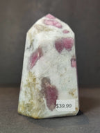 Rubellite (Pink Tourmaline) in Quartz Polished Obelisk Tower Sculpture - New Age Realms