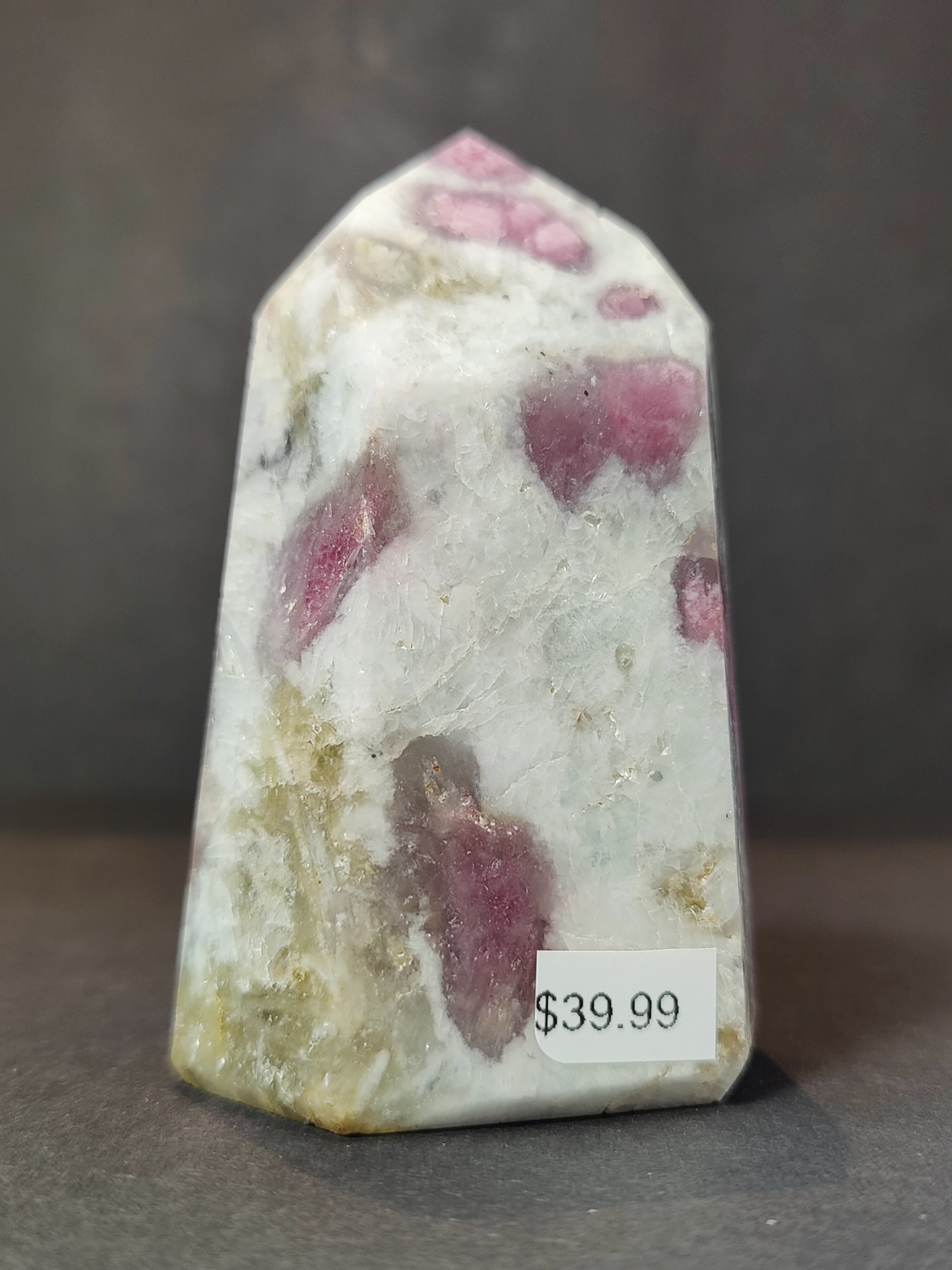 Rubellite (Pink Tourmaline) in Quartz Polished Obelisk Tower Sculpture - New Age Realms