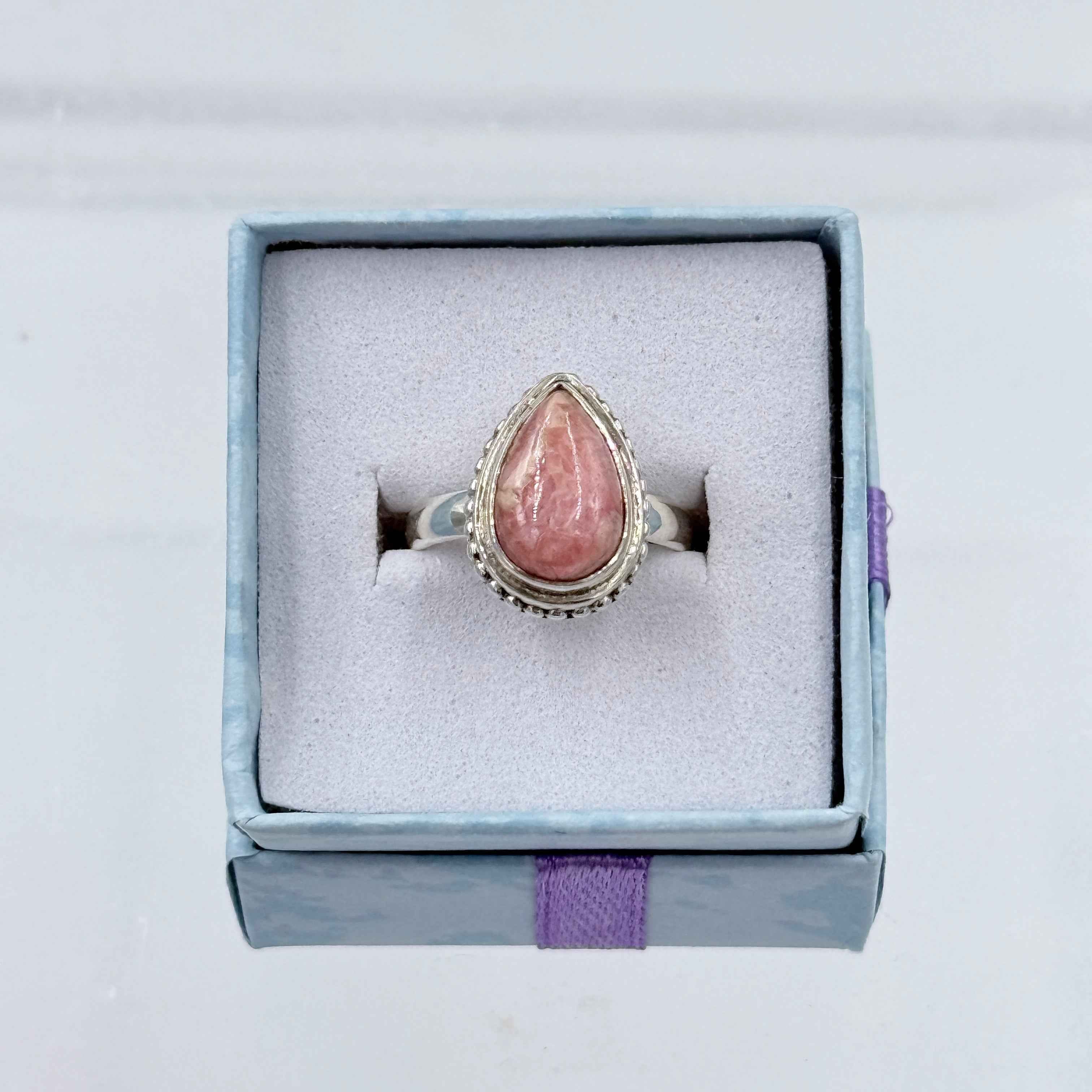 Sterling Silver Bezeled TeardropRhodochrosite Ring - Size 5 - Loving, Compassionate & Healing