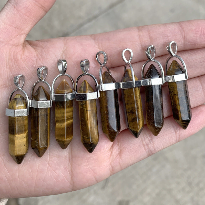 Stone Crystal Hexagon Prism Double Pointed Bullet Spirit Pendulum Necklaces - New Age Realms