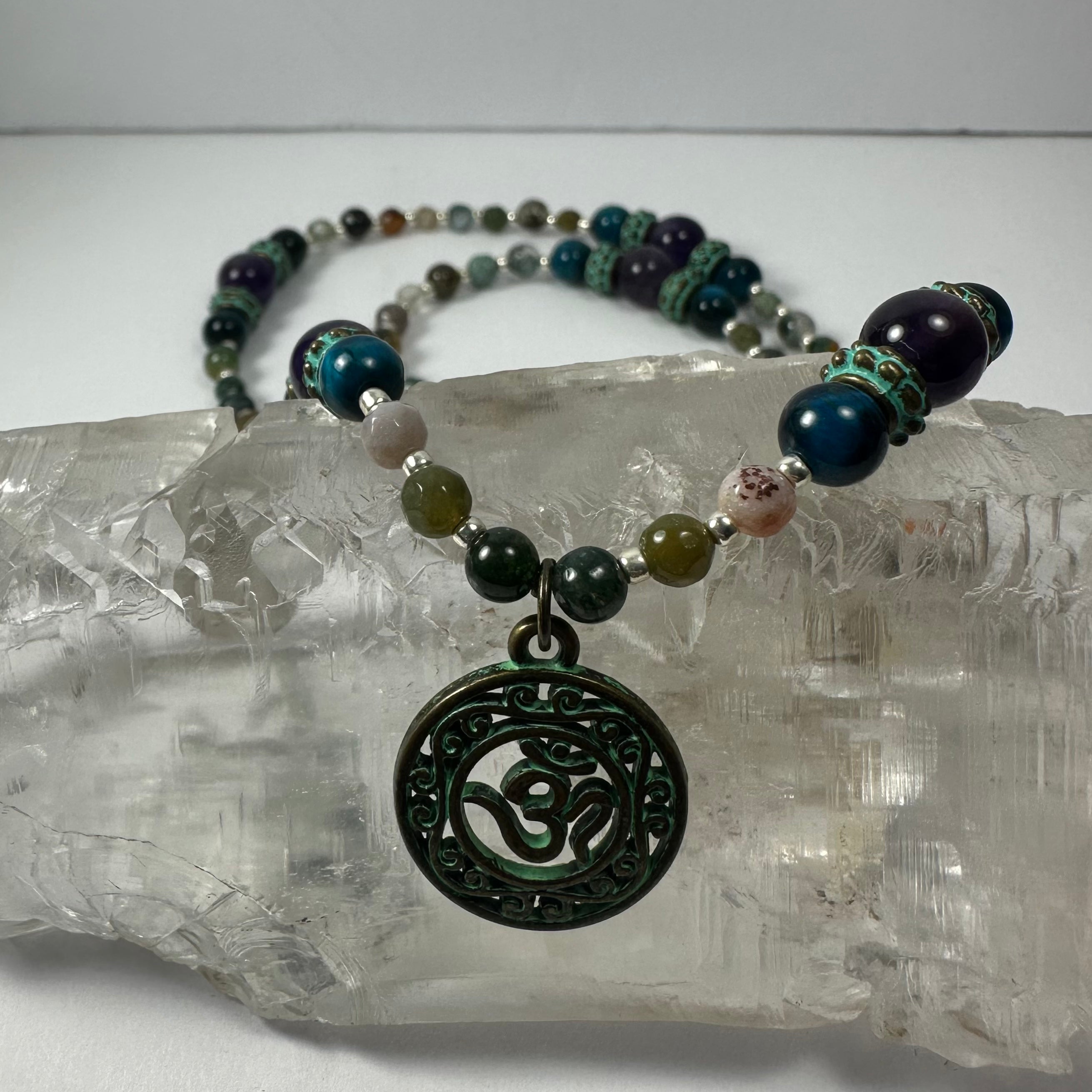 Bronze Patina 'Om' Pendant beaded necklace - New Age Realms