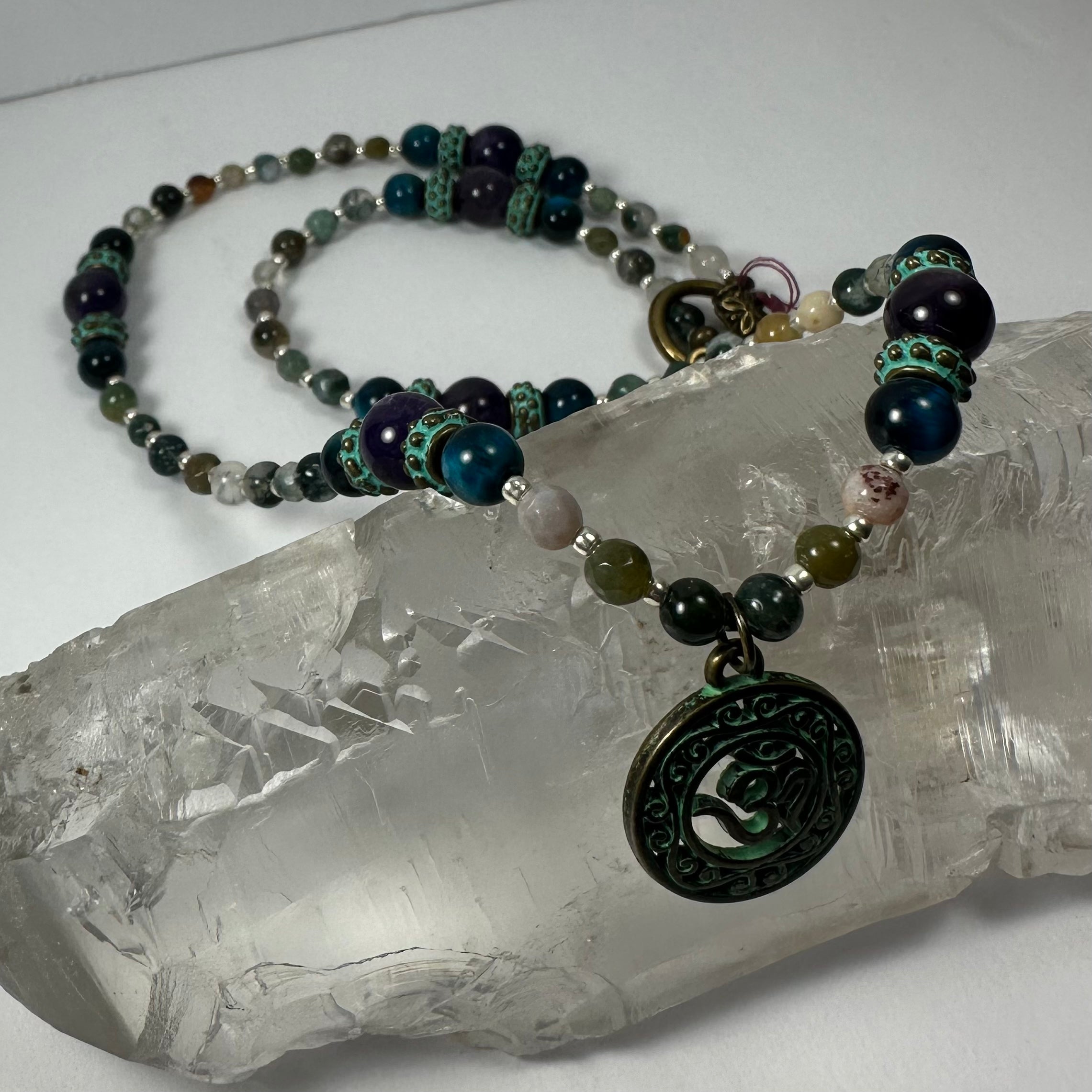 Bronze Patina 'Om' Pendant beaded necklace - New Age Realms